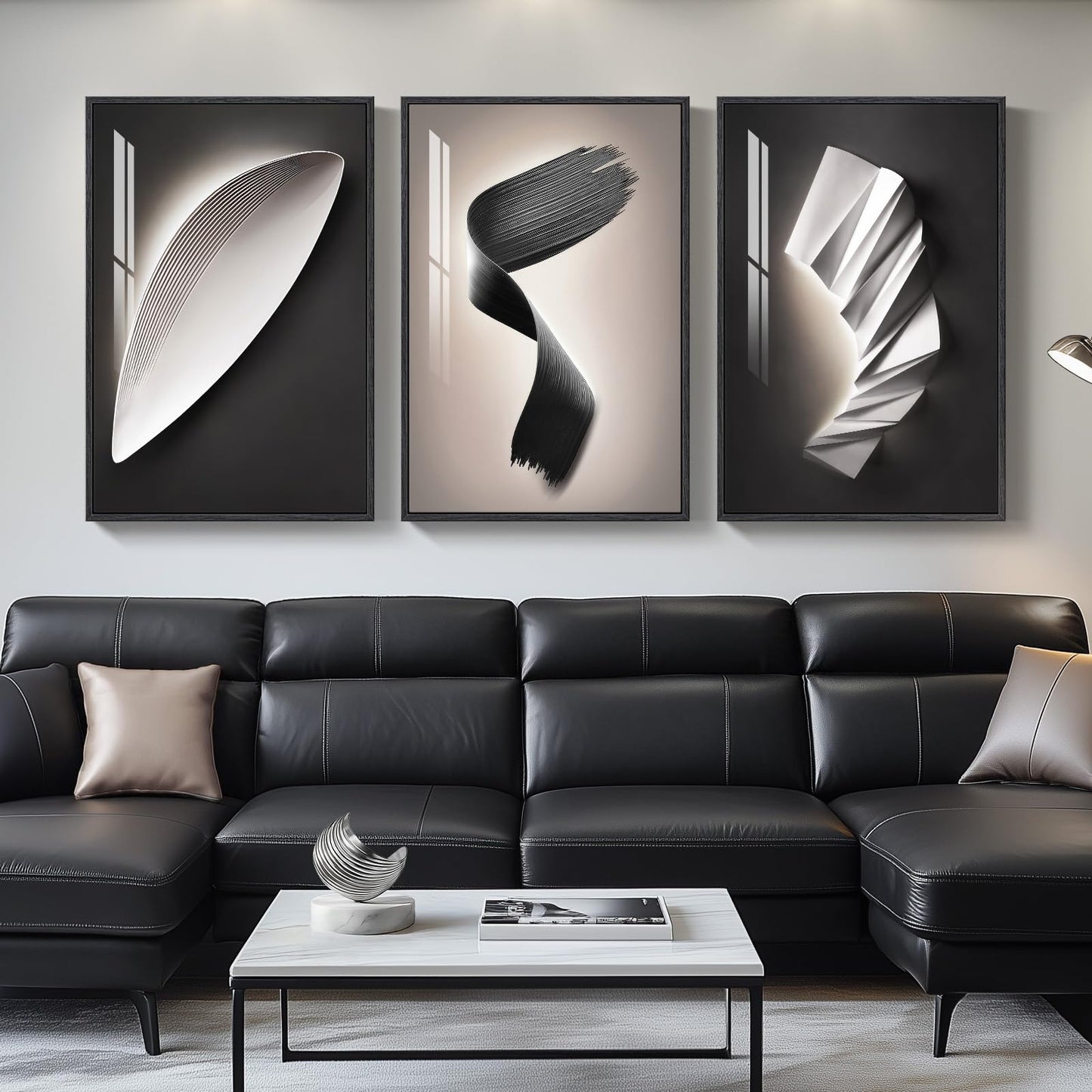 Large Framed Modern Wall Art for Living Room, 3 Piece Black and White Abstract Contemporary Pictures Artwork Decor, Geometric Luxury Bright Style Prints Paintings for Hallway and Office 24x36 Inch