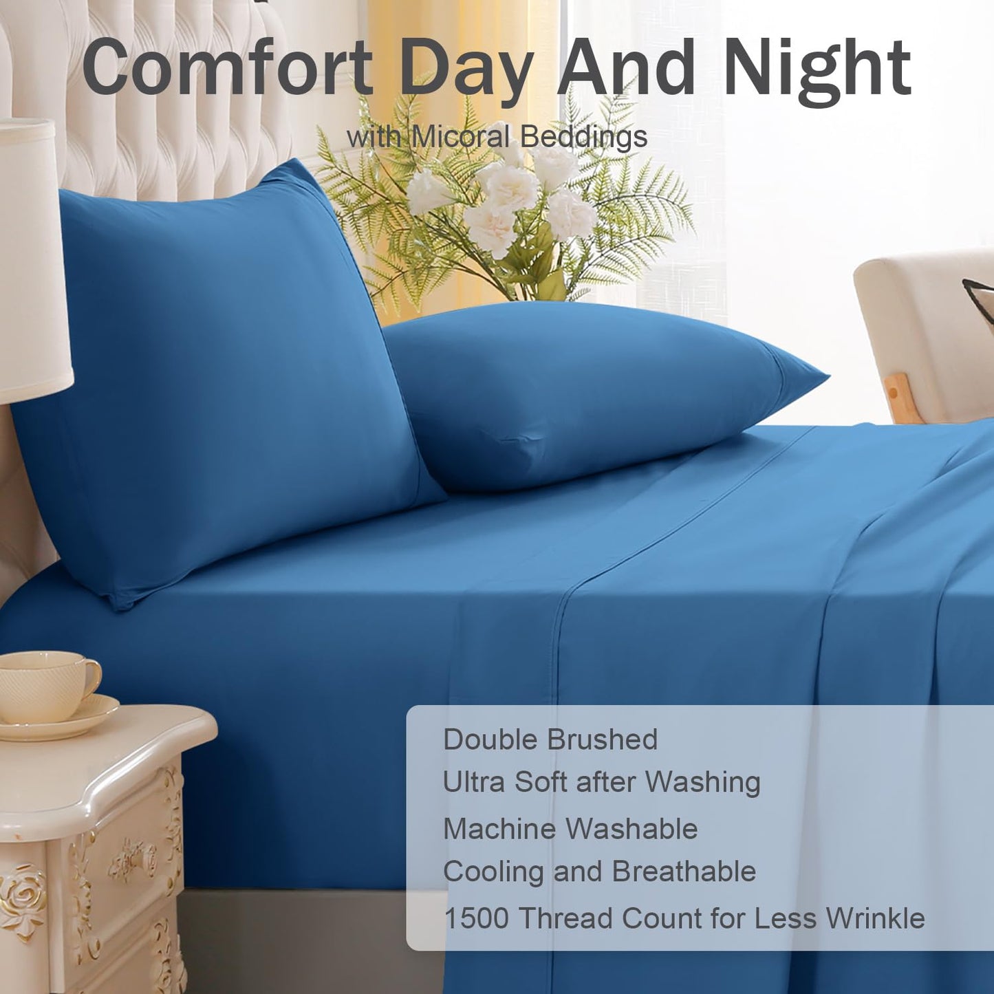 MICORAL Twin Bed Sheets Set, Soft Breathable Bedding Sheet Set, Sheets Set with 16" Deep Pocket Design (3 Pieces, Twin, Royal Blue)