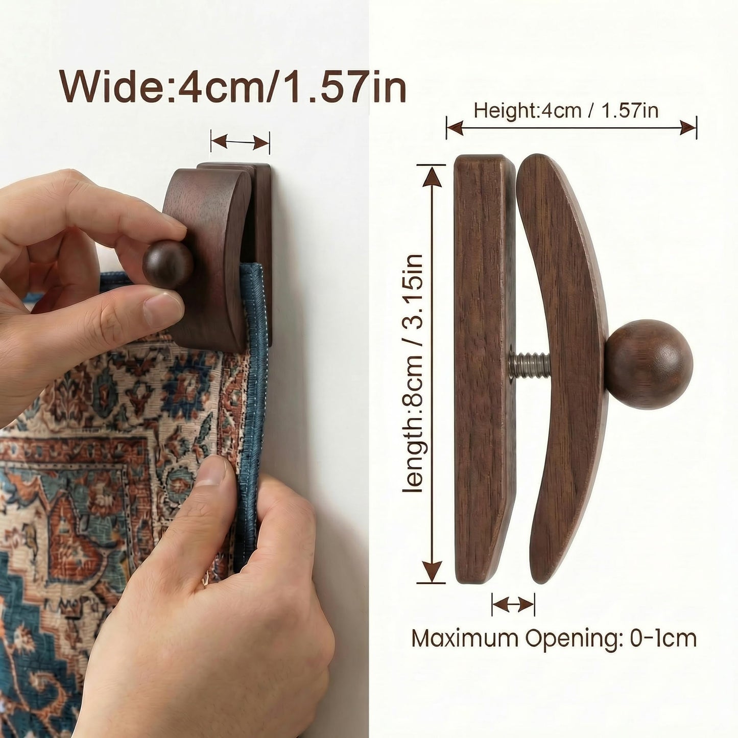 Walnut Adjustable Large Quilt Hanger for wall for Display,Wooden Heavy Duty wall Hanger Clips for Tapestry,Rug,Carpet and Duvet Covers,Poster Frame Nails and Hanging kit (Mid-Century Curved Clip)