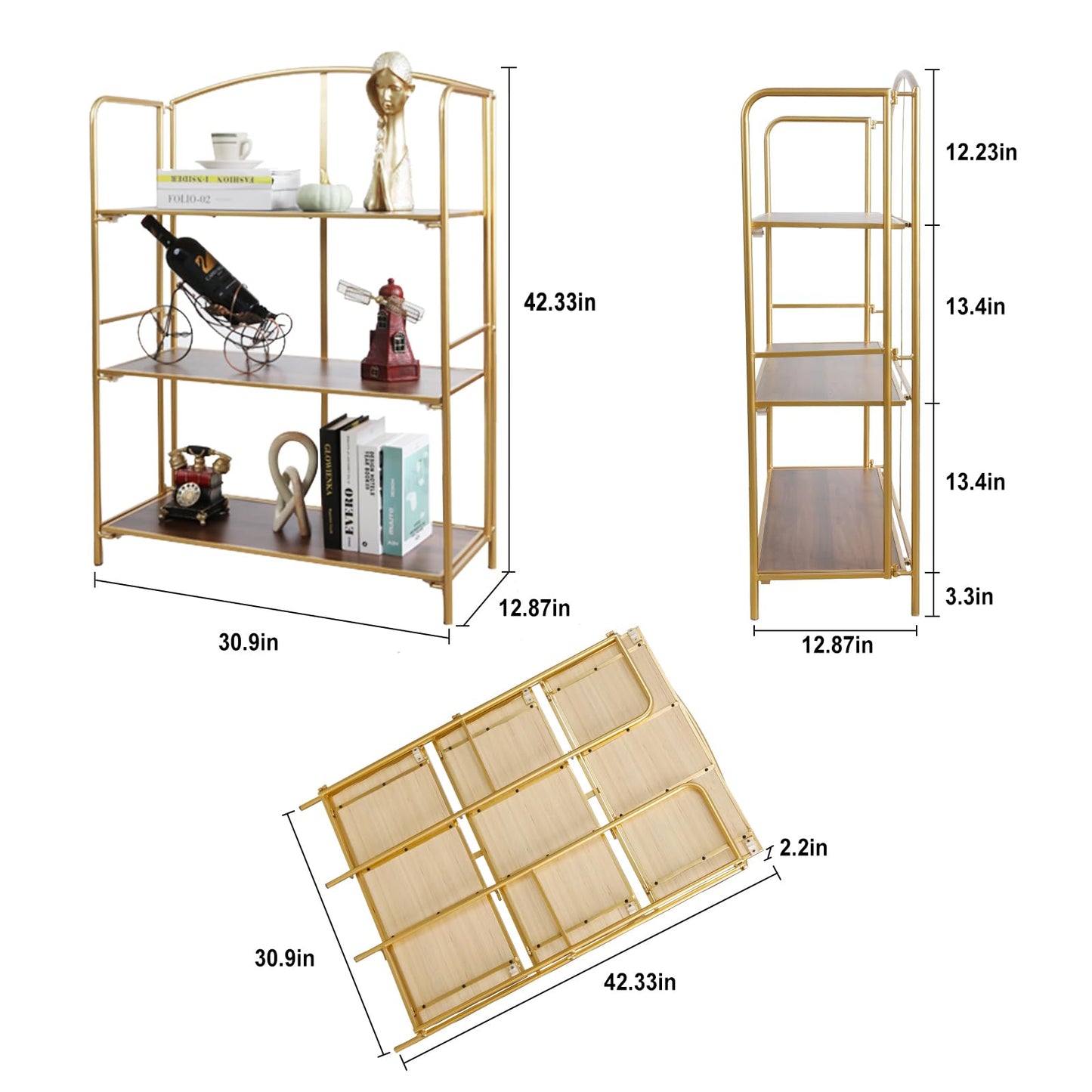 Crofy No Assembly Folding Bookshelf for Living Room, 3 Tier Gold Collapsible Book Shelf for Home Office, Portable Bookcase Storage Organizer