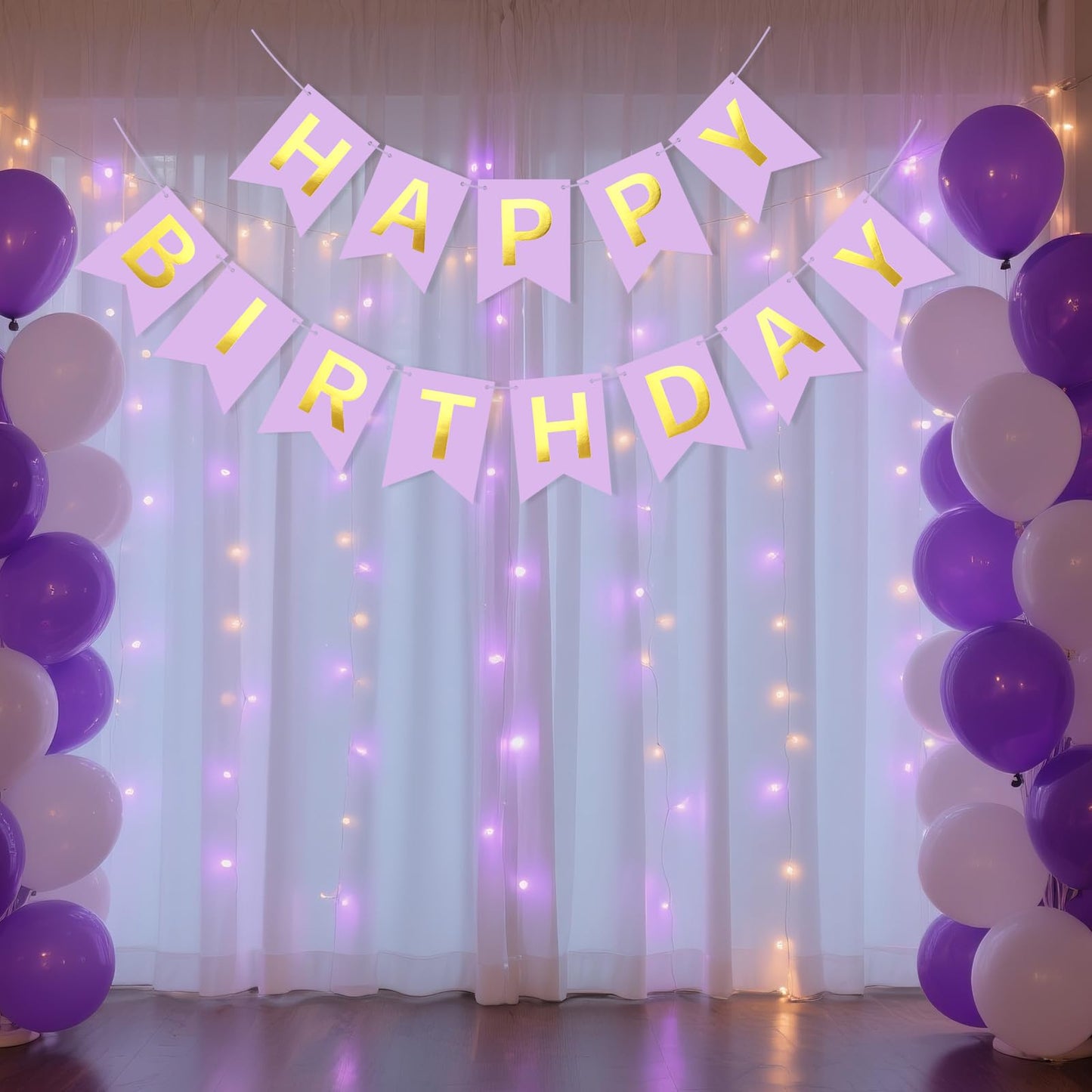 JHZMCRX Happy Birthday Banner Sign Birthday Garland Wall Door Banner Flag Name Signs for Women Men Boys Girls Birthday Party Backdrop Decorations Golden Letters Light Purple