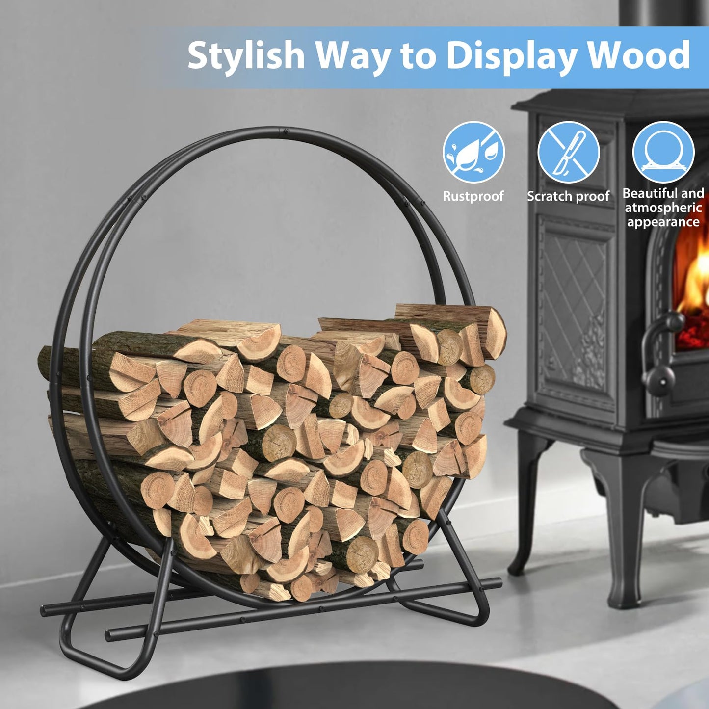 VAMFUTRE 40 Inch Metal Pipe Firewood Rack Circle - Black Steel Log Holder for Indoor and Outdoor Use,Firewood Storage Organizer for Fireplace, Patio, or Backyard (3.3 FT Diameter Rack)