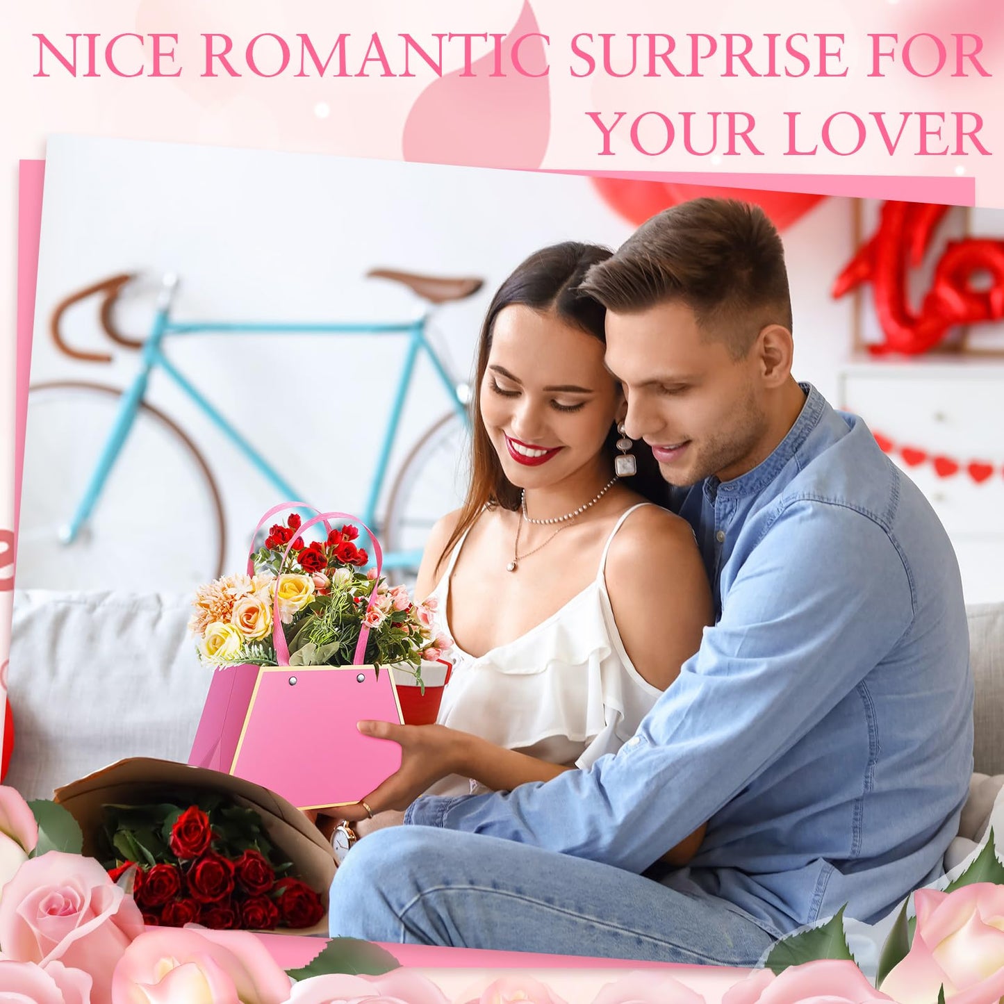 Noveread 24 Pcs Mother's Day Floral Gift Bags Bulk Portable Flower Bouquet Wrapping Paper Bag with Handle Waterproof Florist Wrap Centerpiece Box for Women Anniversary Wedding Birthday(Hot Pink)