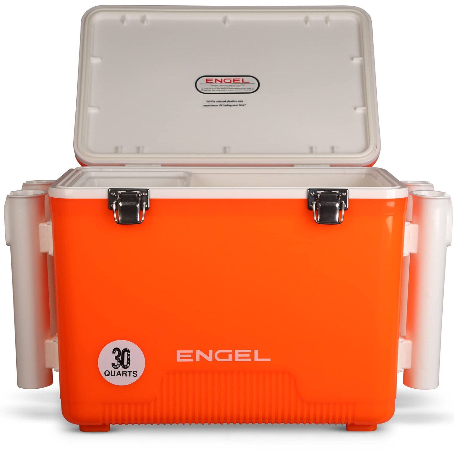 Engel UC30 30qt Leak-Proof, Air Tight, Fishing Drybox Cooler with Built-in Fishing Rod Holders, Also Makes the Perfect Hard Shell Lunchbox for Men and Women in Orange High-Visibility