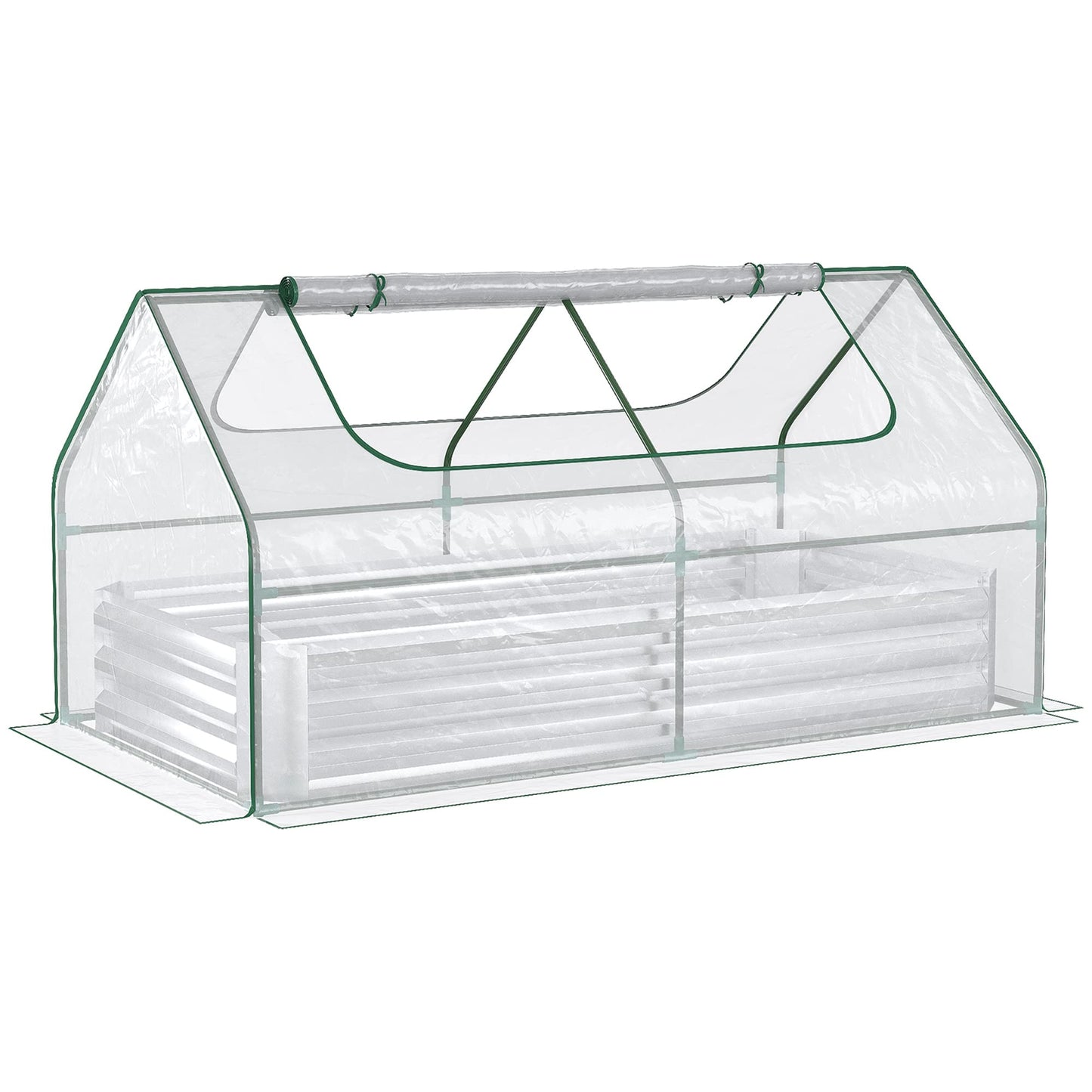 6' x 3' Galvanized Raised Garden Bed with Mini PVC Greenhouse Cover, Outdoor Metal Planter Box with 2 Roll Up Windows for Growing Flowers, Fruits, Vegetables and Herbs, Silver