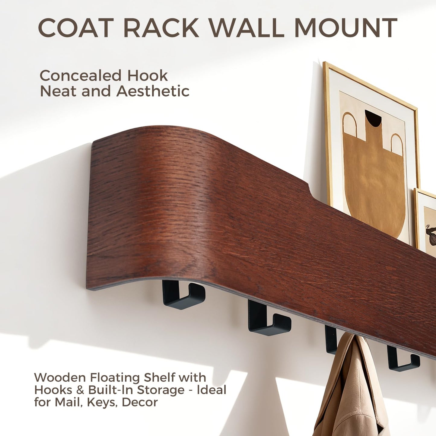 Coat Rack Wall Mount with Shelf Entryway Shelf Modern Key Holder Hanger Wall Shelves with Hidden Hooks for Hanging Towels Coats Hats Bags for Hallway Bathroom Bedroom(Walnut Color, 4 Hooks)