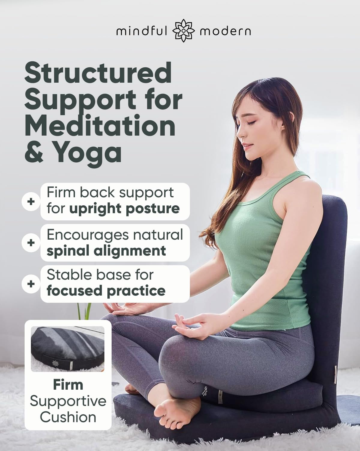 Mindful Modern Folding Pro Meditation Chair - Adjustable Meditation Seat with Back Support and Half Moon Buckwheat Meditation Cushion - Comfortable Mindfulness Living Room Floor Chair