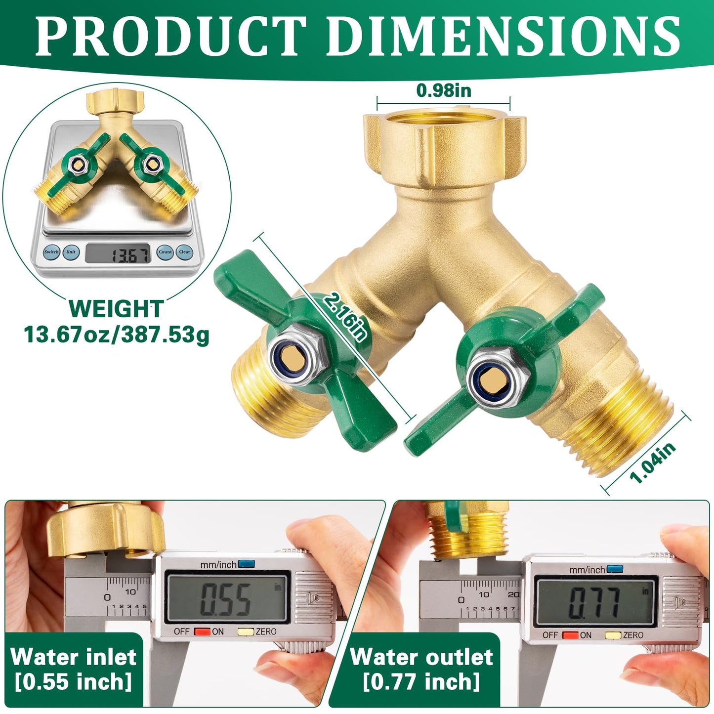 Garden Hose Splitter 2 Way, Heavy Duty Brass Hose Splitter, 3/4" GHT Hose Y Splitter with Shutoff, Full Flow Outdoor Faucet Splitter, Water Hose Y Valve Tap Adapter