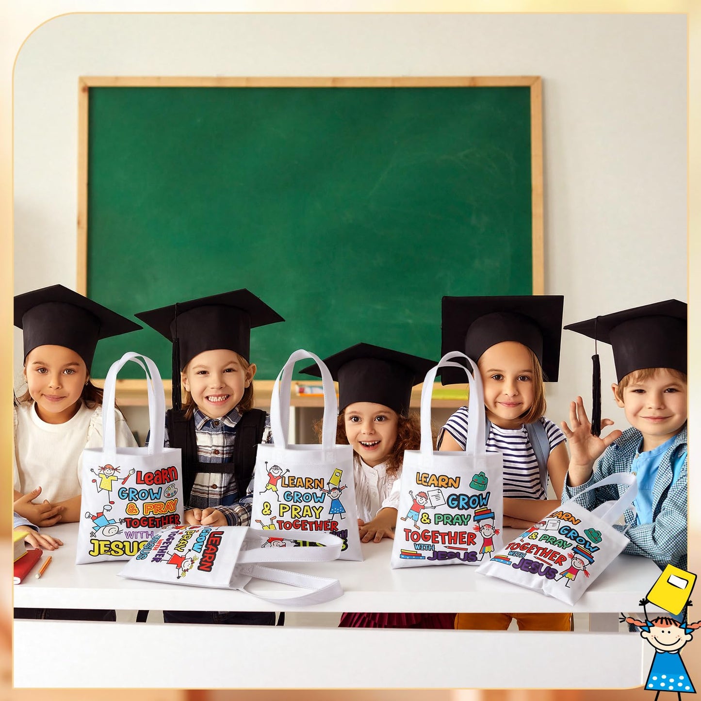 Cosblank 36 Pcs Religious Tote Bags Bulk for Kids Christian Learn Grow Pray Together with Jesus Gift Tote Christian Canvas Bags for Sunday School Church Classroom Prizes Party Favors Supplies Gift
