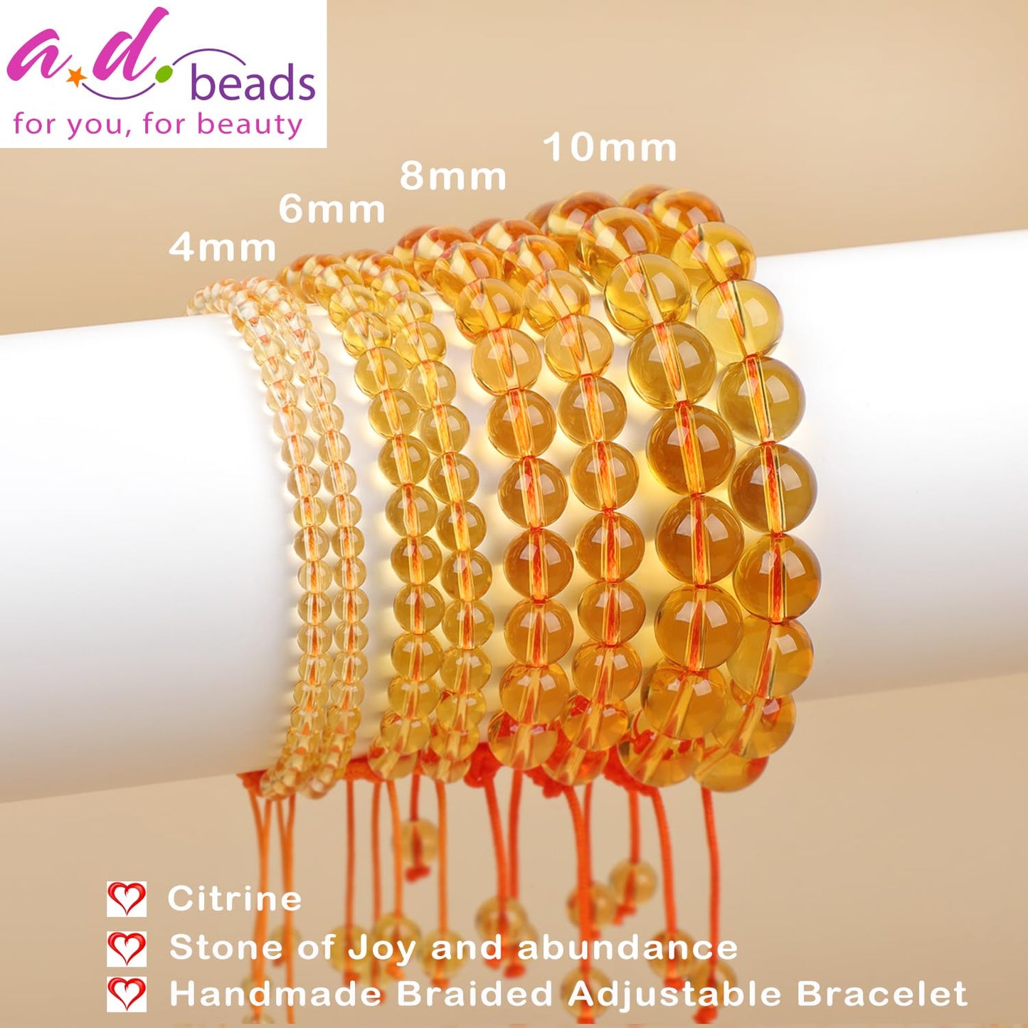 AD Beads 8mm Citrine Bracelet - Stone of Joy and abundance - Handmade Natural Stone Crystal Bracelet with Adjustable Macrame String - Yoga Healing Power Energy Gifts for Men and Women