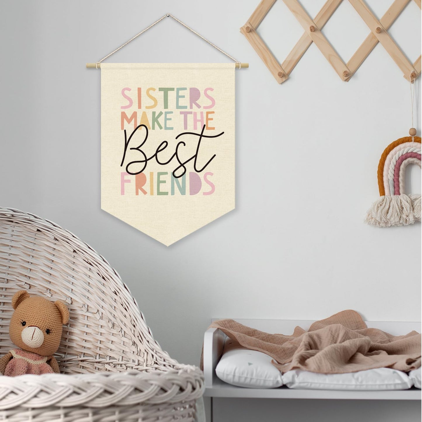 XYDEG Girls Room Wall Art Decor,Toddler Girl Room Cute Pink Nursery Bedroom Playroom Canvas Banner Decorations,Sisters Make The Best Friends Wall Hanging Pennant Flag Banner