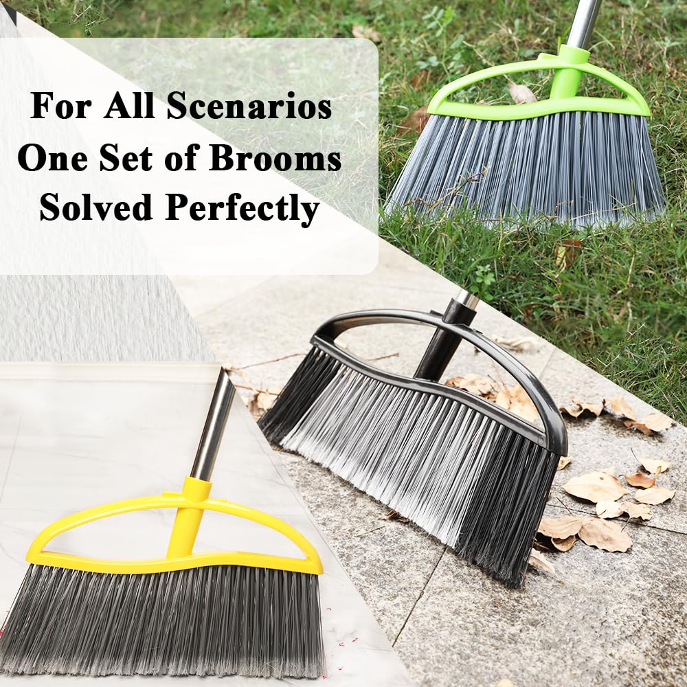 Chanhoo 3 Pack Wide Heavy Duty Angle Broom - Stiff Bristle Outdoor Brooms for Sweeping Patio, Garden, Garage, Yard (Black, Yellow, Green)