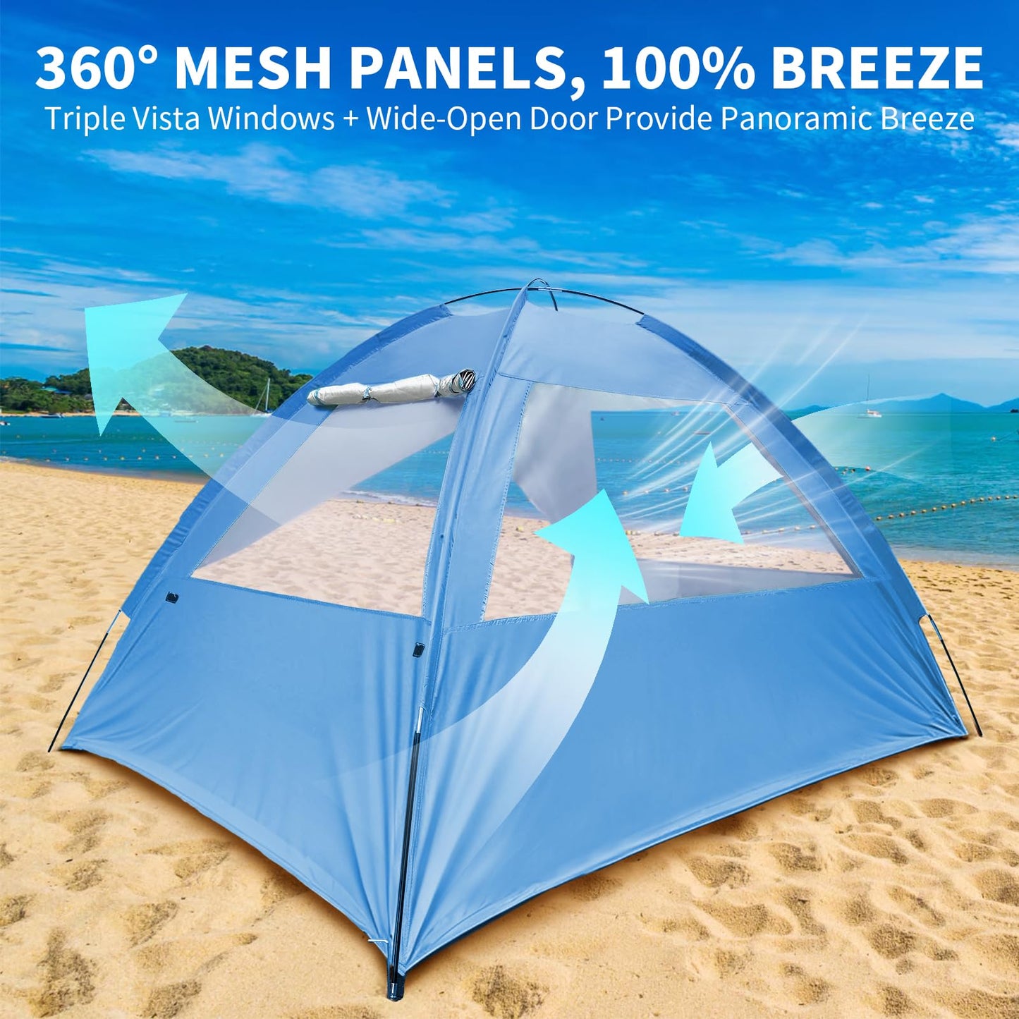 COVACURE 2026 New Upgraded Beach Tent Sun Shelter for 3-4 Person - UPF 50+ UV Protection Beach Shade, Waterproof & Lightweight, Easy Setup Portable Sun Canopy for Camping, Fishing, Beach(Blue)