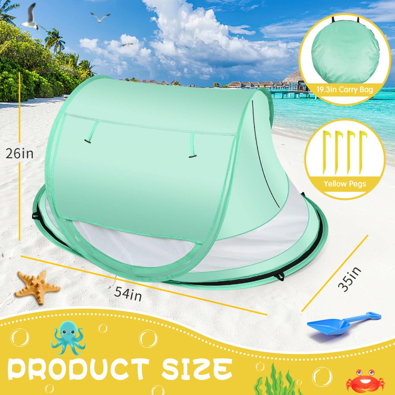 Kapeazo Baby Beach Tent, Large Pop Up Portable Sun Shade with Mosquito Net, Indoor Baby Play Tent for Travel, Beach, UPF 50+ UV Protection Sun Shelters