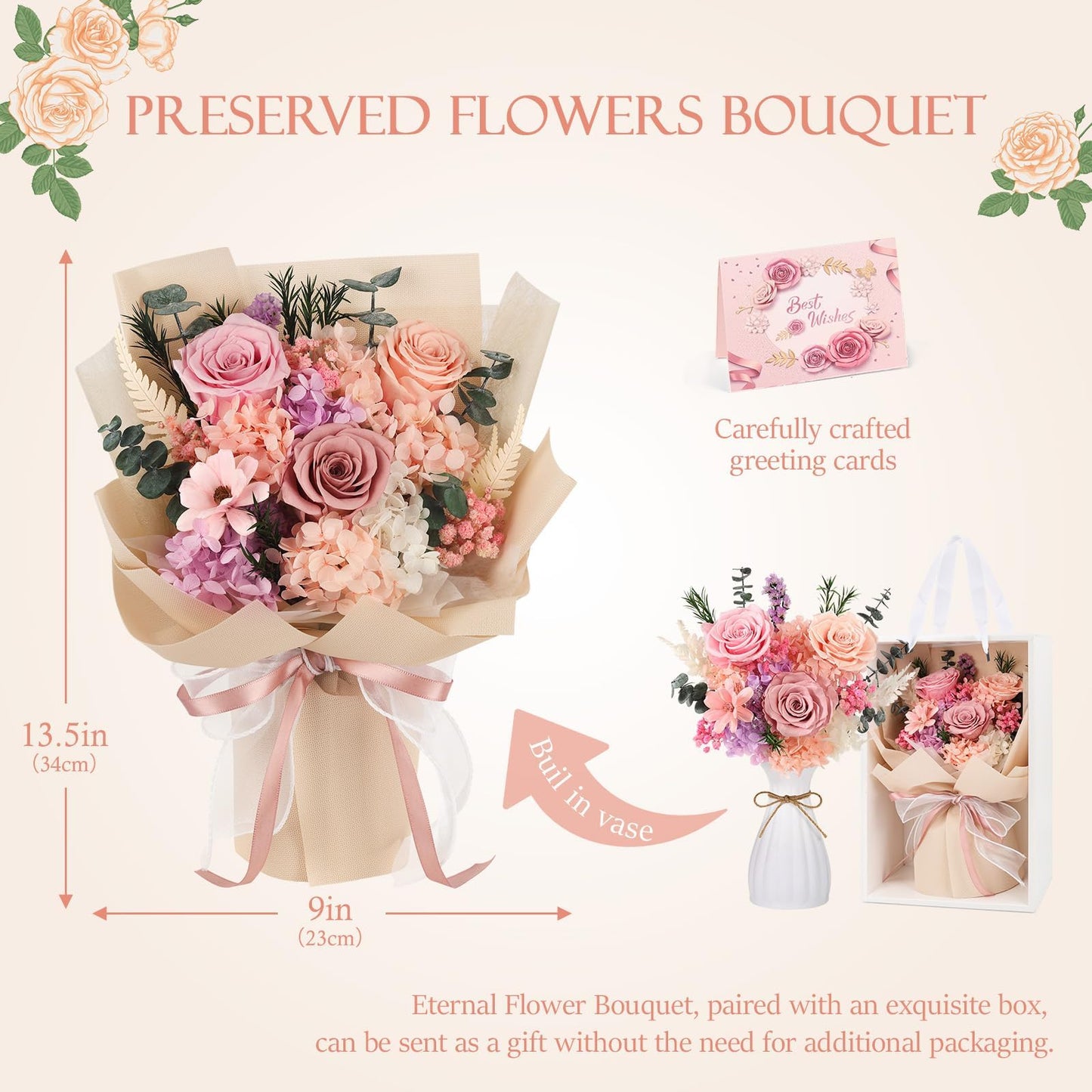 Flowers for Delivery Prime Preserved Flowers Bouquet That Last 3-5 Years Real Forever Roses Bouquet for Mom Mother Women Wife Girlfriend Anniversary Birthday Valentines Day Gifts for Her(Pink)