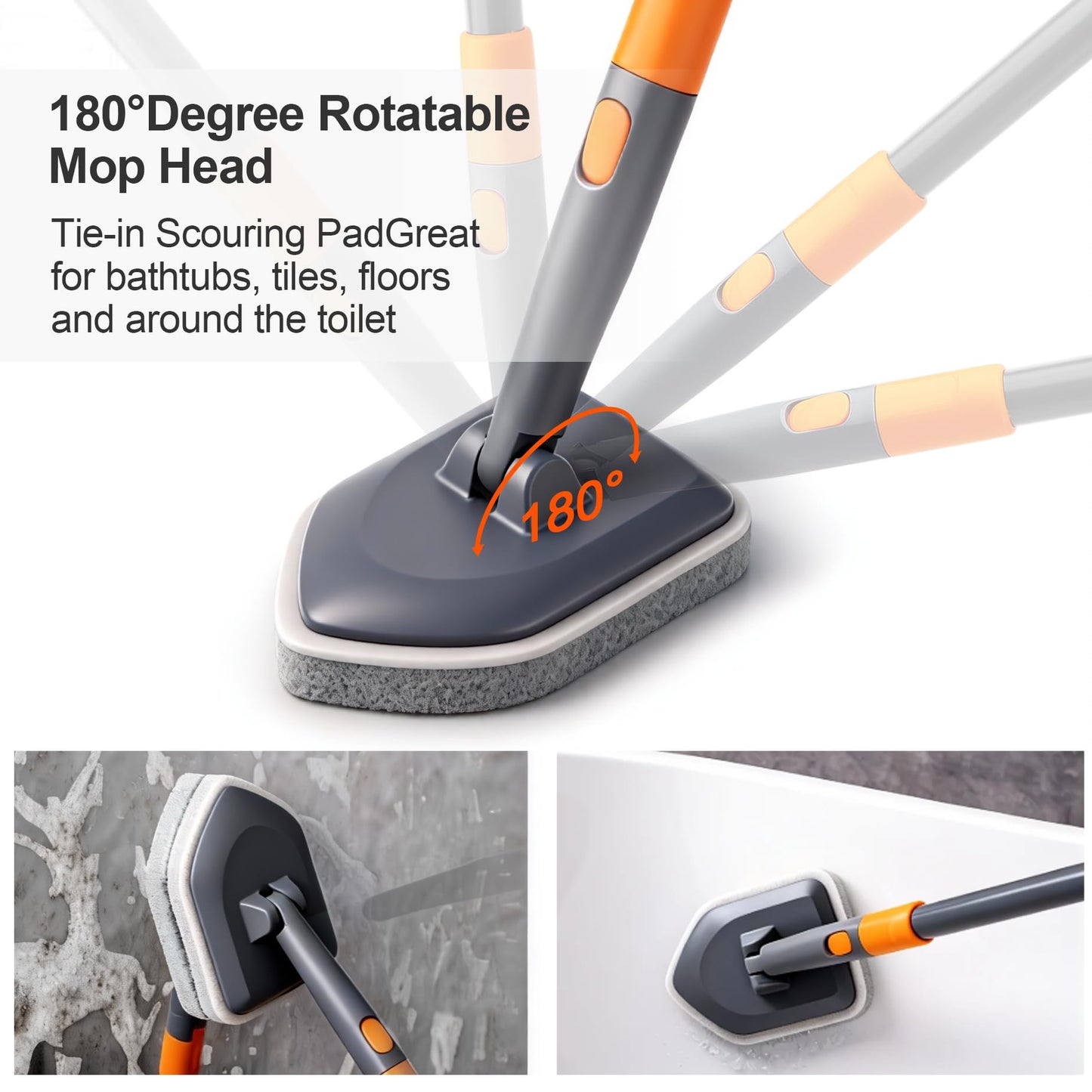CLEANHOME Tile Tub Scrubber Brush with 3 Different Function Cleaning Heads and 56" Extendable Long Handle-No Scratch Shower Scrubber for Cleaning Bathroom Kitchen Toilet Wall,Bathtub,Sink,Grey