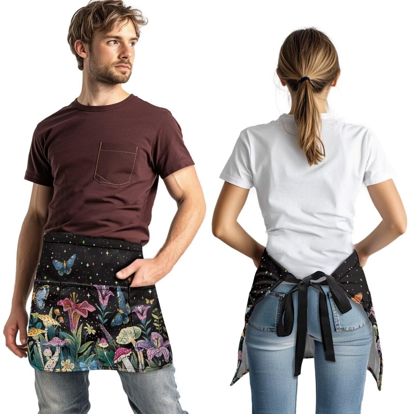 Yatixapu Server Waitress Waist Apron with 3 Pockets Flower Mushroom Waterproof Aprons 13 Inch Short Half Waist Aprons for Grilling Gardening Baking