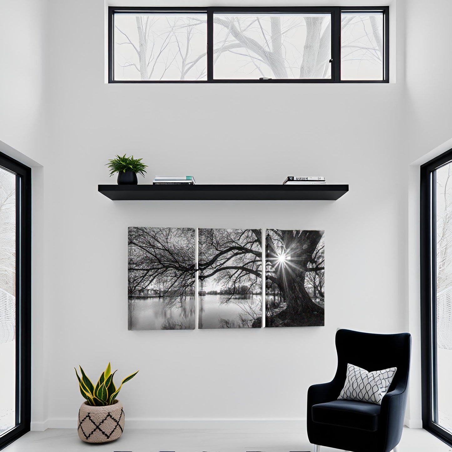 sechars - Canvas Prints Wall Art Black and White Tree in Sunrise Canvas Wall Art Lake Landscape Picture Giclee Print on Canvas Framed and Ready to Hang Modern Home Ofiice Wall Decor - 48"x24"overal
