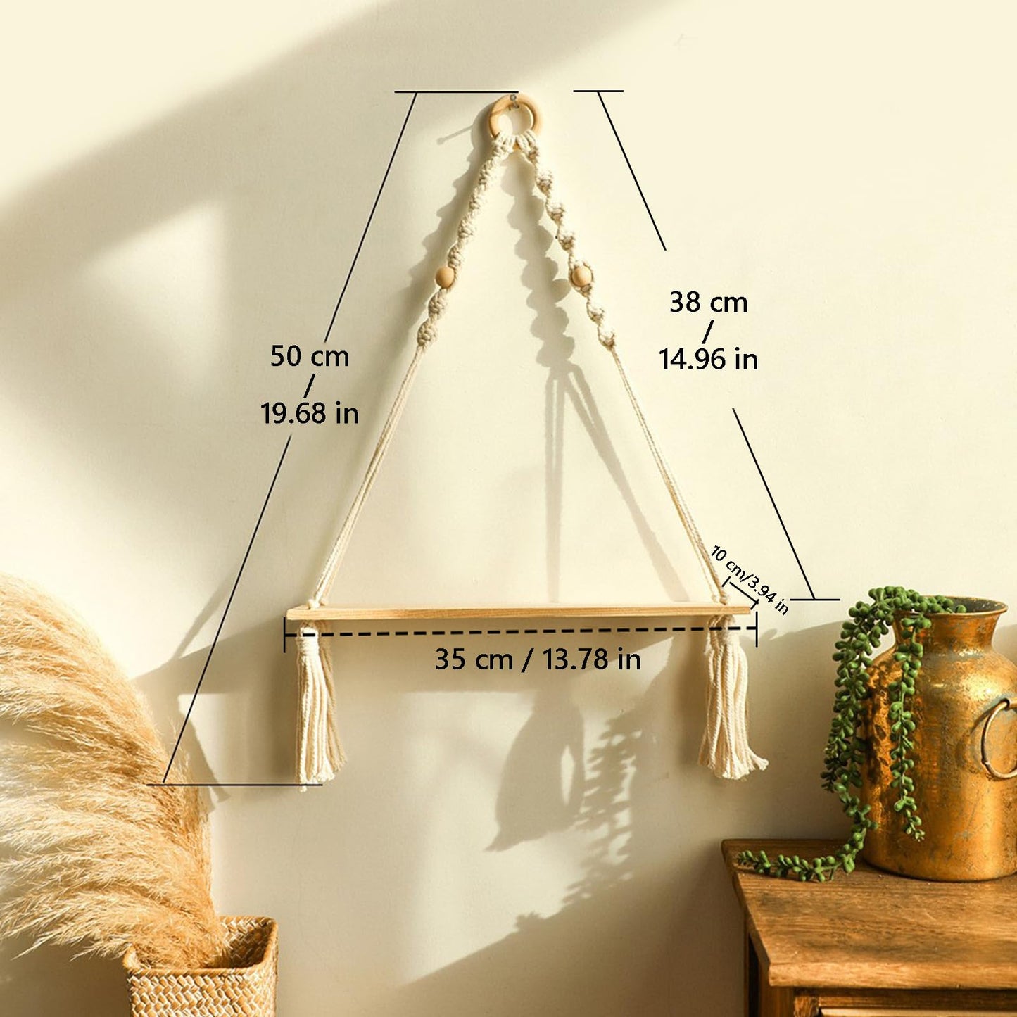 BusonQueen Boho Macrame Wall Hanging Shelves,Wooden Floating Shelves for Wall with Handmade Woven Rope for Home Decor