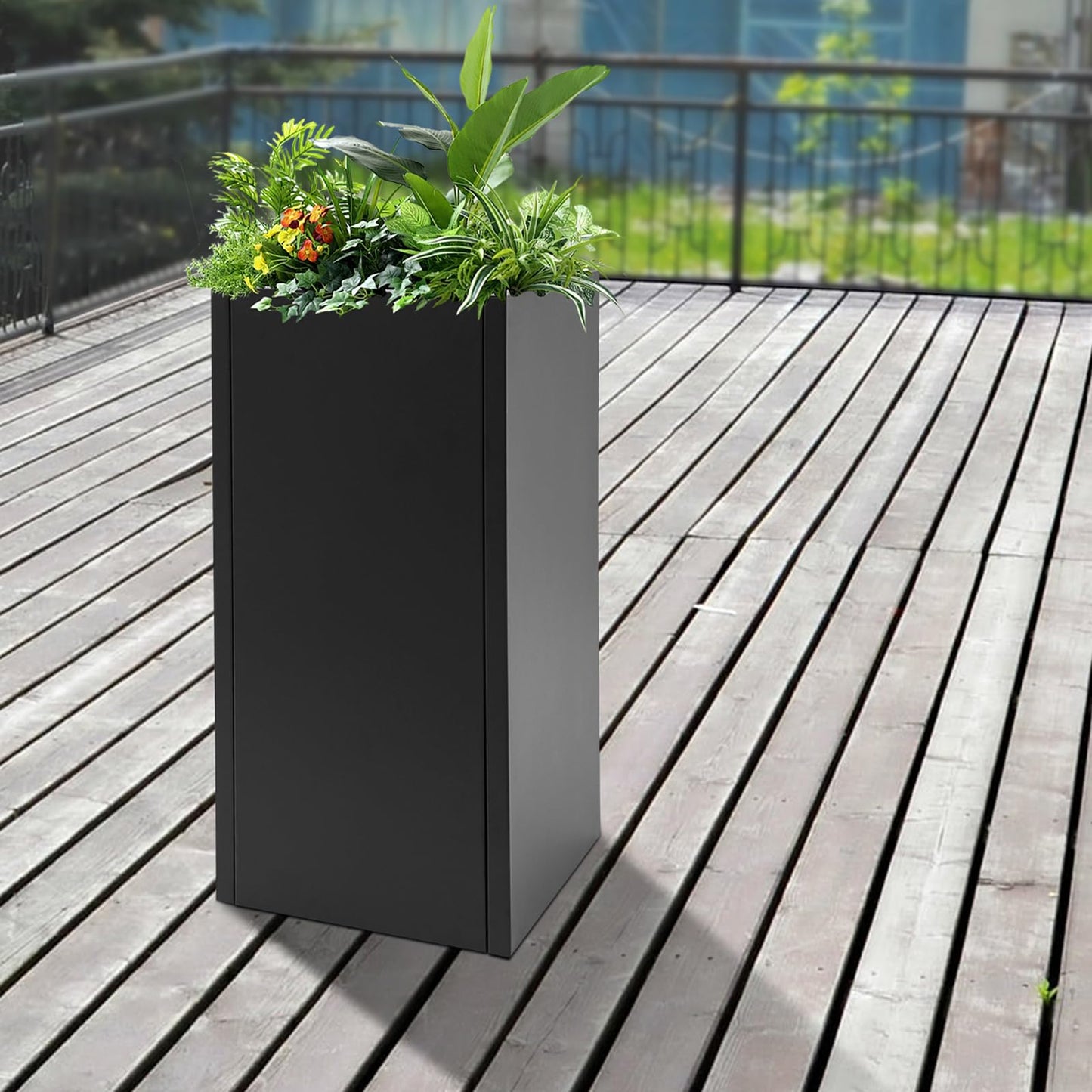 Kathring Tall Metal Planter Box 14” x 14” x 30”, Steel Planter Box with Removable Insert Shelf and Drainage Holes, Rectangular Large Flowerpot for Indoor,Outdoor,Front Porch, Black