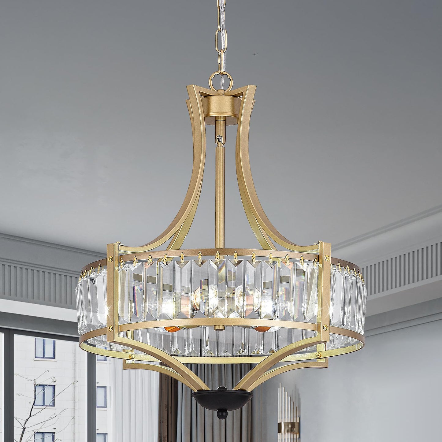 Kaniker 5-Light Crystal Chandelier Ceiling Light Fixture with Adjustable Height, Gold Drum Pendant Light for Dining Room Light Fixture, Kitchen Island, Bedroom, Living Room, Elegant Modern Lighting