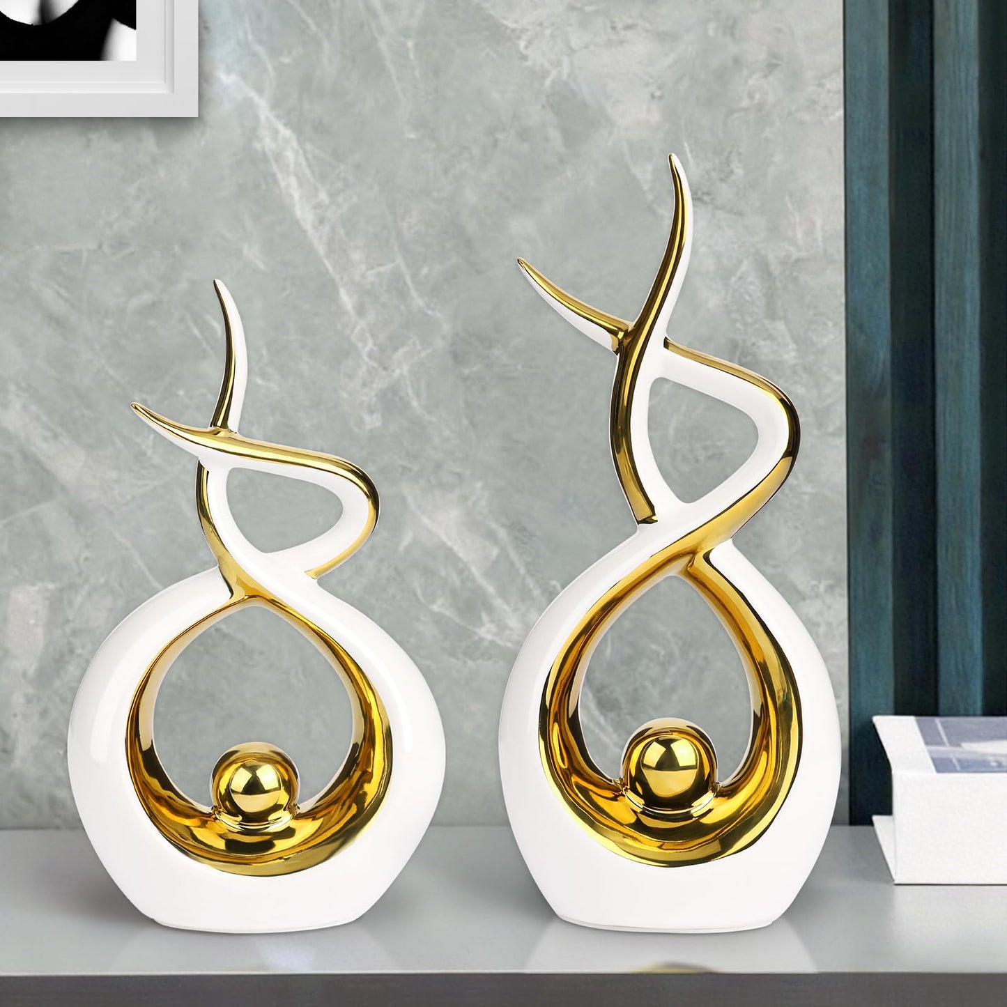 Querro Modern Abstract Ceramic Statue - Elegant White & Gold Decor for Home Living Room, Dining Table Centerpiece & Office Shelf | Luxury Aesthetic Sculpture (Large)