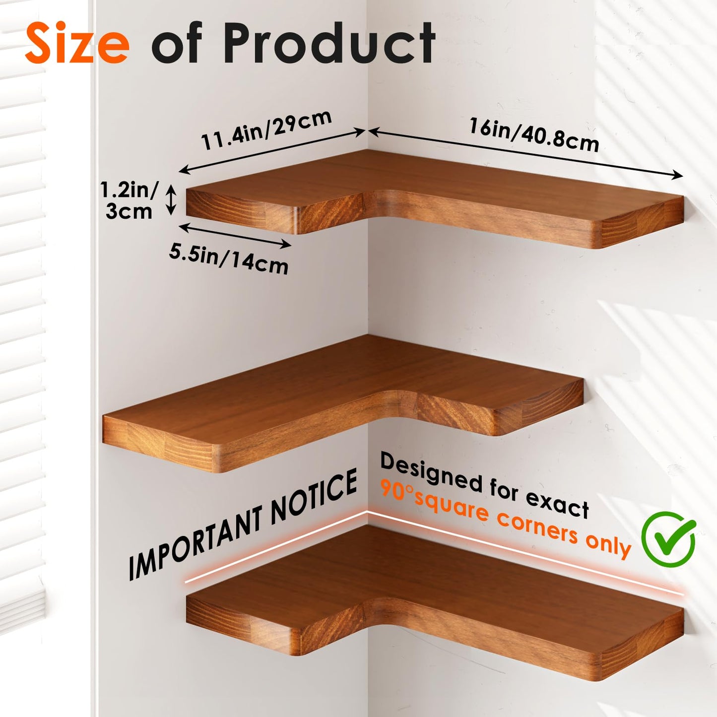 Fixwal Corner Floating Shelves for Wall Mounted Natural Solid Wood 16"x11.4" Farmhouse Home Decor Display Shelving Set of 3 (Rustic Brown)