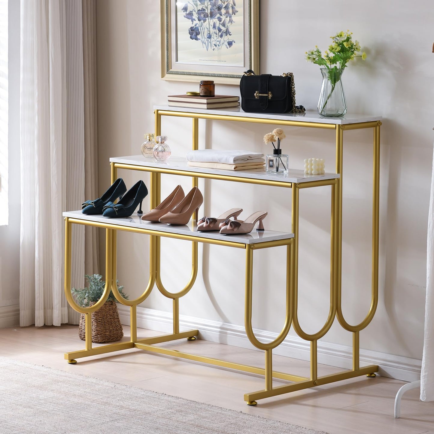 HVIUED Heavy Duty Display Riser Stand, Tiered Shoes Bags Dolls, Display Table, Imitation marble Grain Planks Display Shelf(3 Tier)