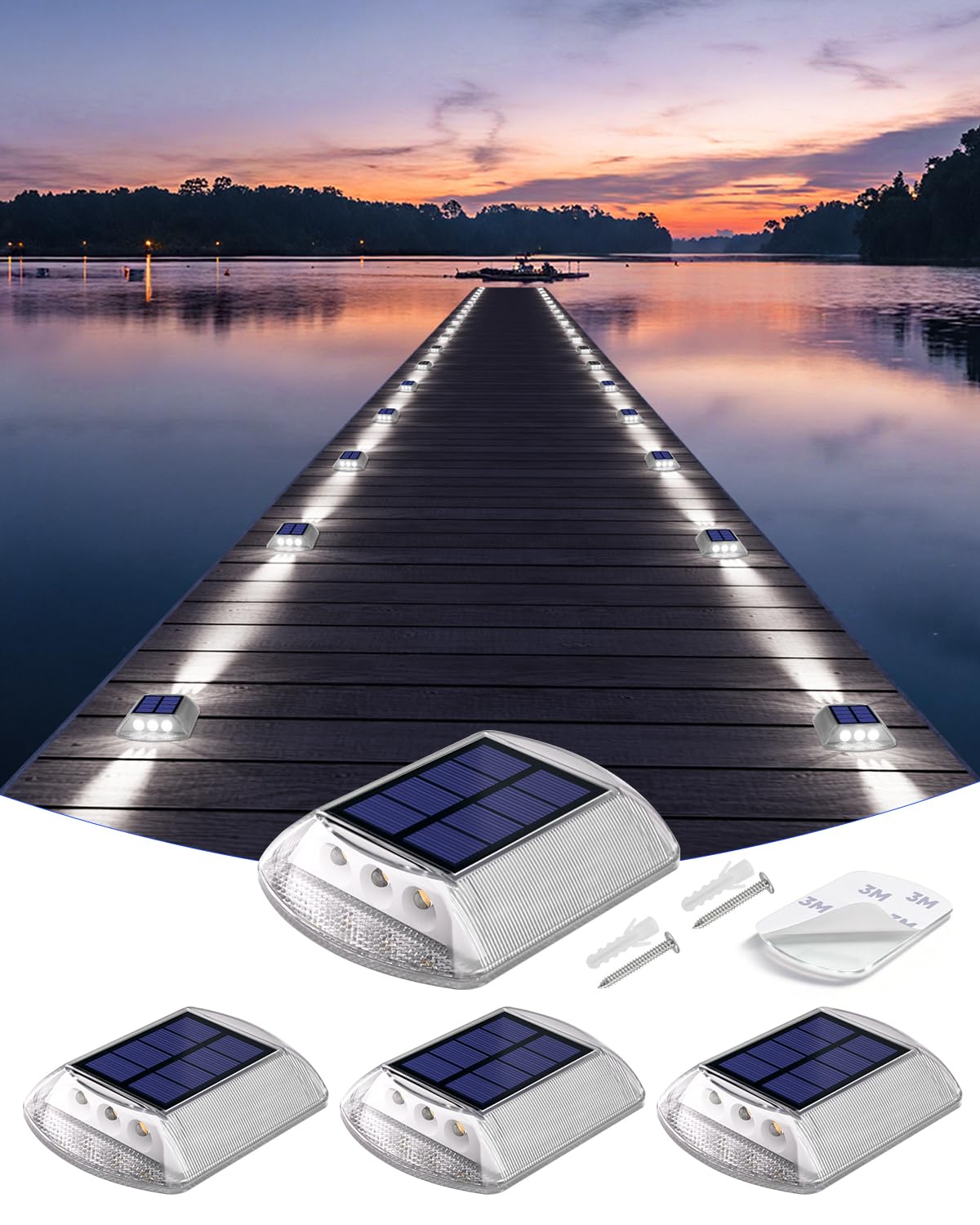 DetarZinLED Deck Lights Solar Powered, 4 Pack White Solar Pathway Driveway Light Outdoor IP68 Waterproof, Stick on & Screw Markers Deck Lights for Dock, Walkway, Sidewalk, Patio, Pool, Garden, Step