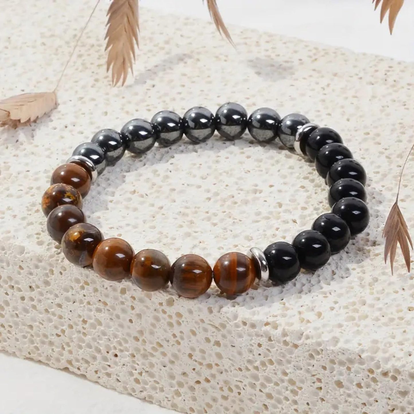 VECO-T Energy Mens Beaded Bracelets,Triple Protection Bracelet for Men,Made of Three Kinds of 8mm Beads (Black Obsidian Hematite Tiger Eye Beaded), Personalized Gifts for Men