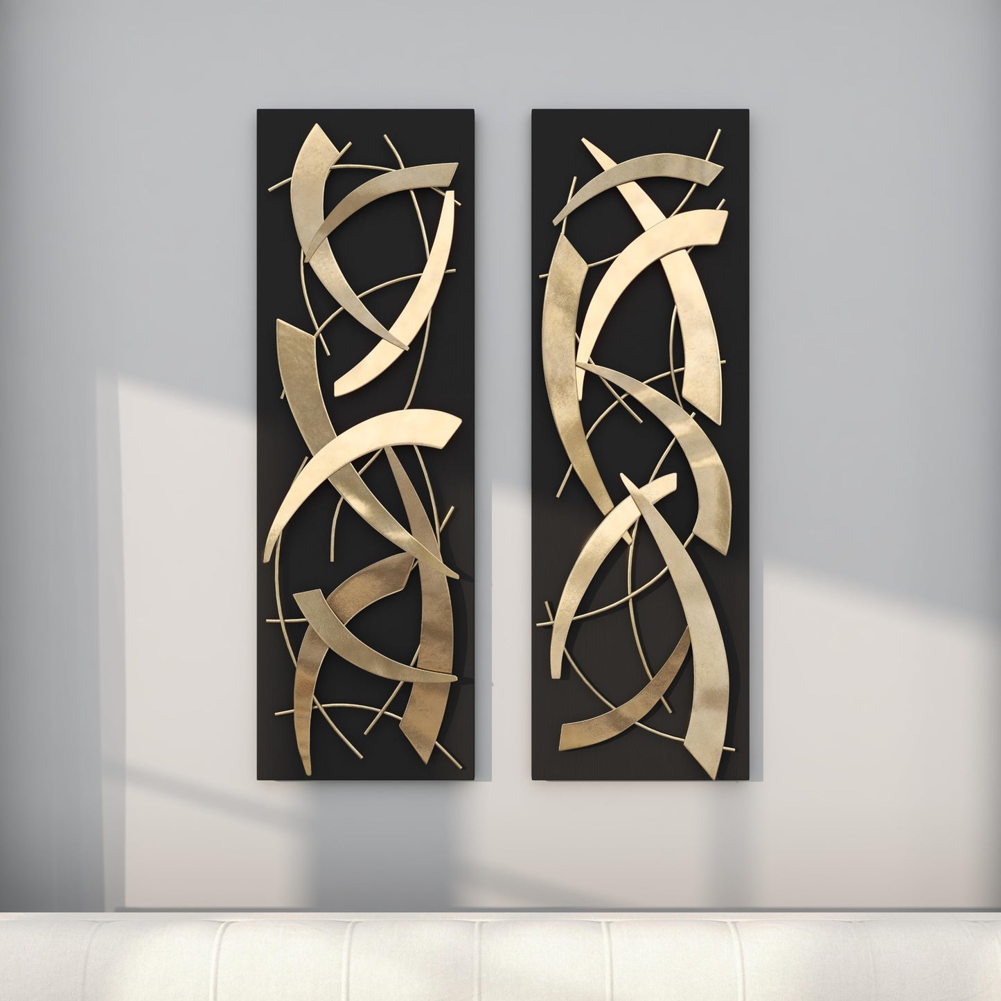 Deco 79 Metal Abstract Home Wall Decor Dimensional Wall Sculpture with Black Wood Backing, Set of 2 Wall Art 12"W, 36"H, Gold