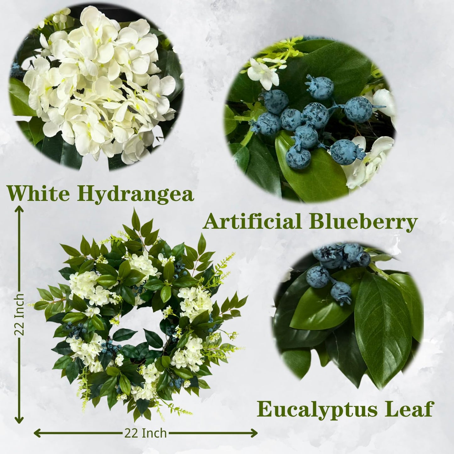 Svndlyn 22 Inch Lighted Hydrangea Wreath with Timer for All Season 20 Lights Steady & Flashing Modes Artificial Hydrangea Flower Blueberry and Eucalyptus Leaves for Outdoor Front Door Wall Window