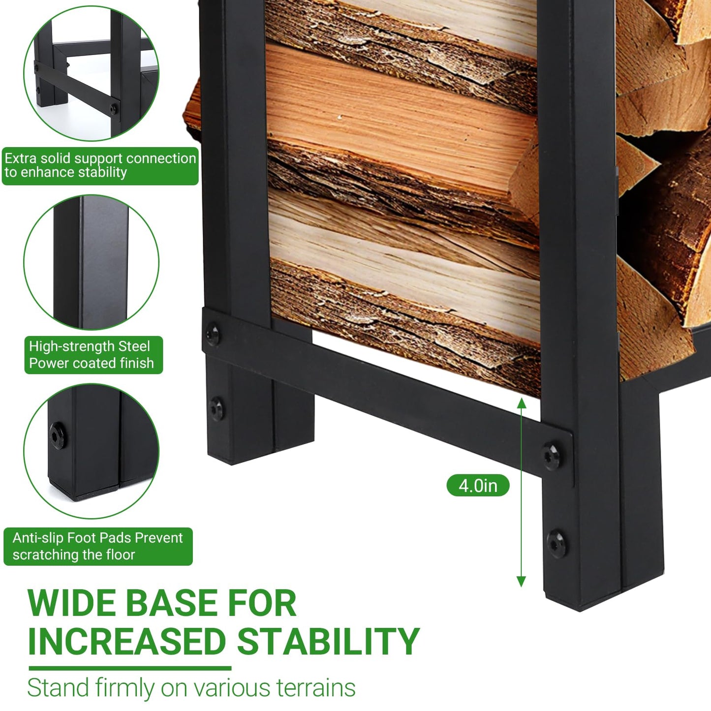 Luoieo 4FT Firewood Rack Outdoor, Holds 1543 LBS with 8 Sturdy Legs, Adjustable 2.6FT Elevated Log Holder Keeps Wood Dry, Black