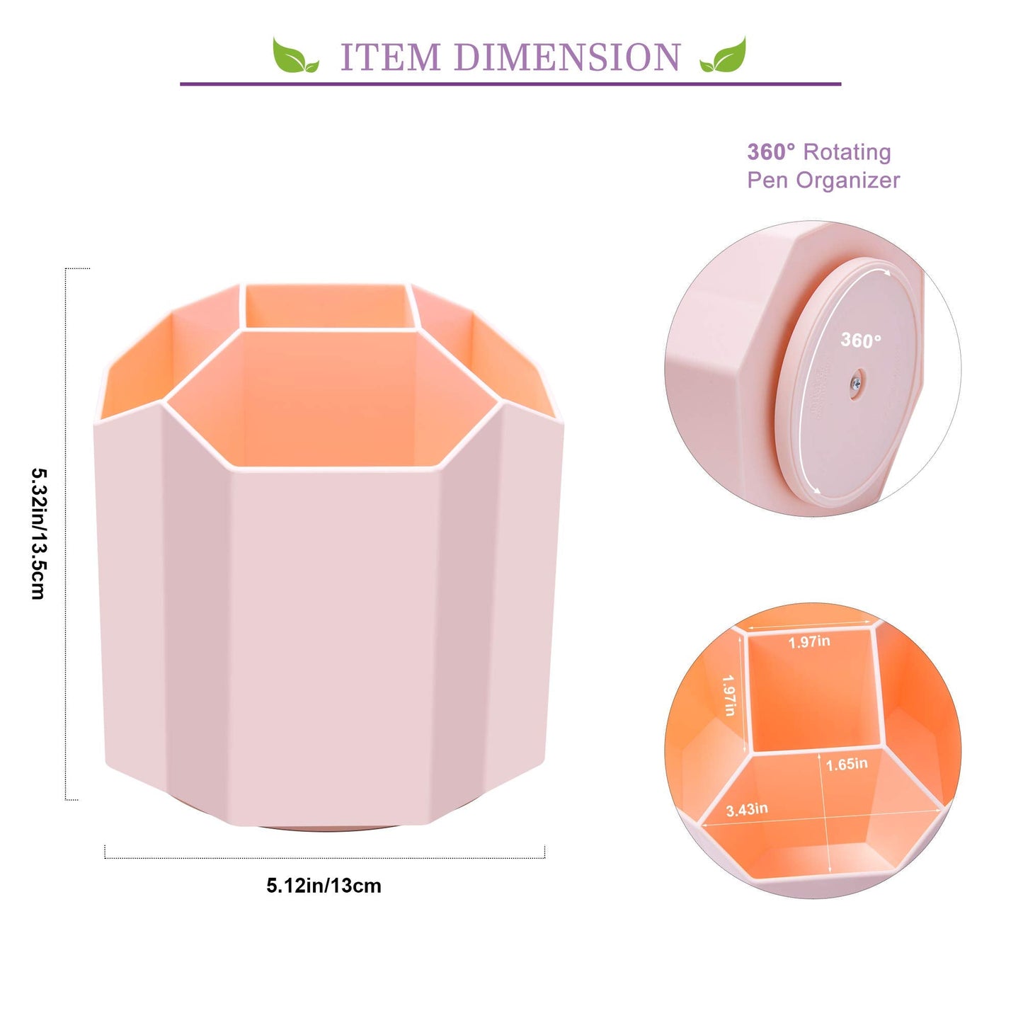Siveit Desk Pencil Pen Holder, Rotating Pen Organizers 360-Degree 5 Grid Pen Holder for Desktop Storage Stationery Supplies Organizer, Home, Office, School, Kids, Peach Pink