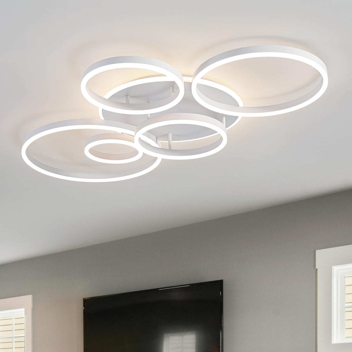 O'NEELDY Modern LED Ceiling Light White Flush Mount Ceiling Lights Fixtures Dimmable 47" Dining Room Light Fixture with Remote 6 Rings Kitchen Lighting Fixtures Ceiling Lamp for Bedroom,Living Room