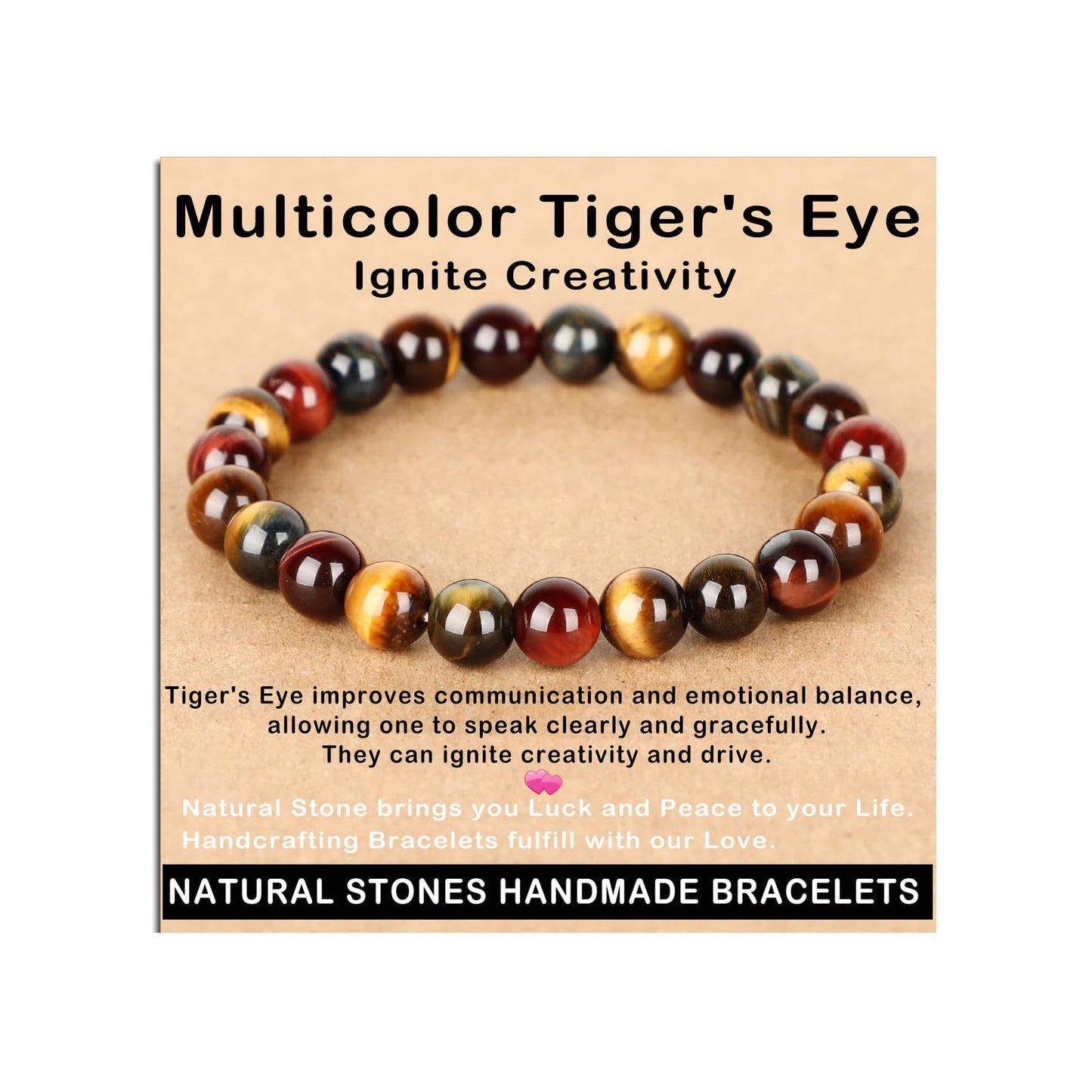 AD Beads Handmade Gemstone Stretch Elastic Bracelet Crystal Healing Reiki Nature's Beauty and Spiritual Essence Unisex (8mm, Multicolor Tiger's Eye (Ignite Creativity))