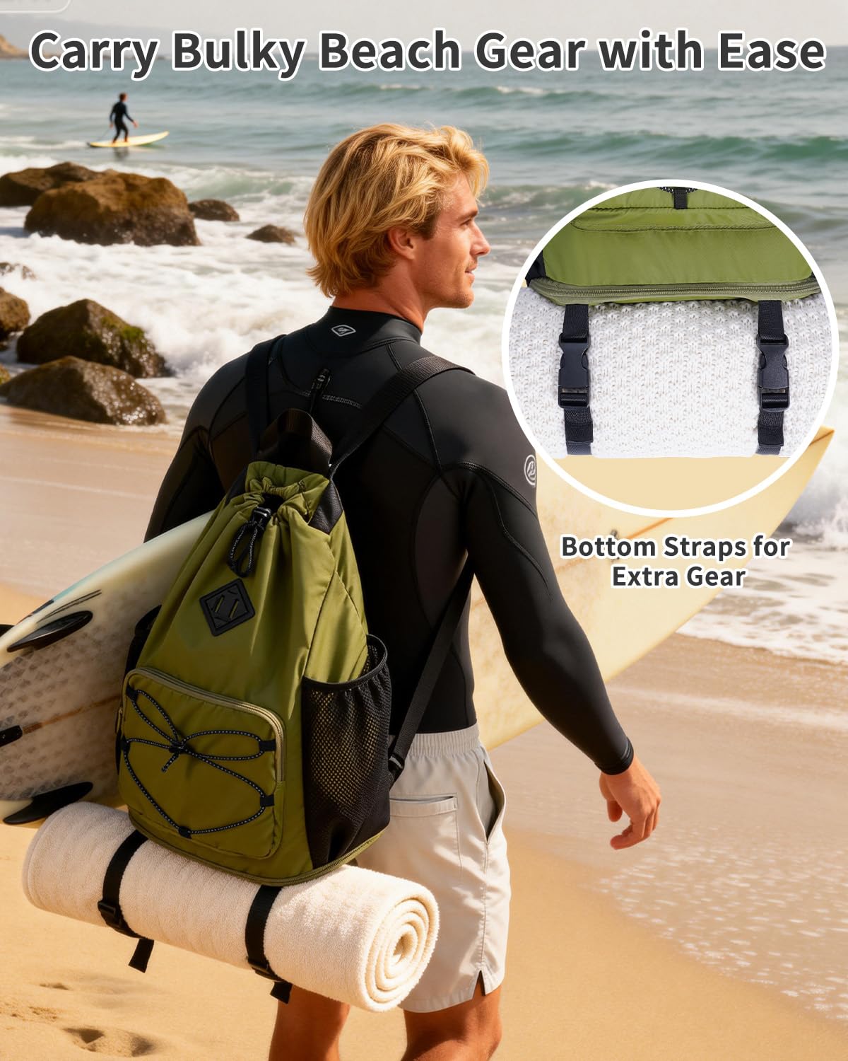 WANDF Drawstring Backpack with Removable Wet Pocket, Sandproof Beach Backpack with Bottom Compression Strap for Beach Mat, Swim Bag for Pool, Gym, Travel and Workout Gear (Dark Green)