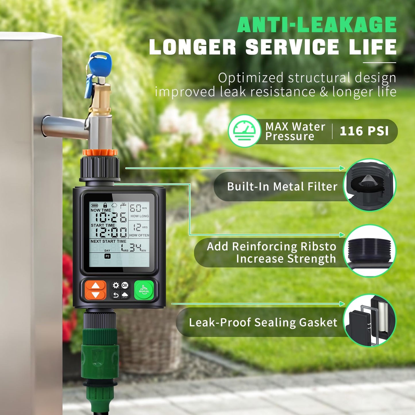 Sprinkler Timer for Garden Hose, Upgrade 10 Program Water Timer with Auto Rain Delay, IP54 Waterproof 3.3“ Large LCD Drip Irrigation System Timers for Plant, Yard, Lawns, Outdoor