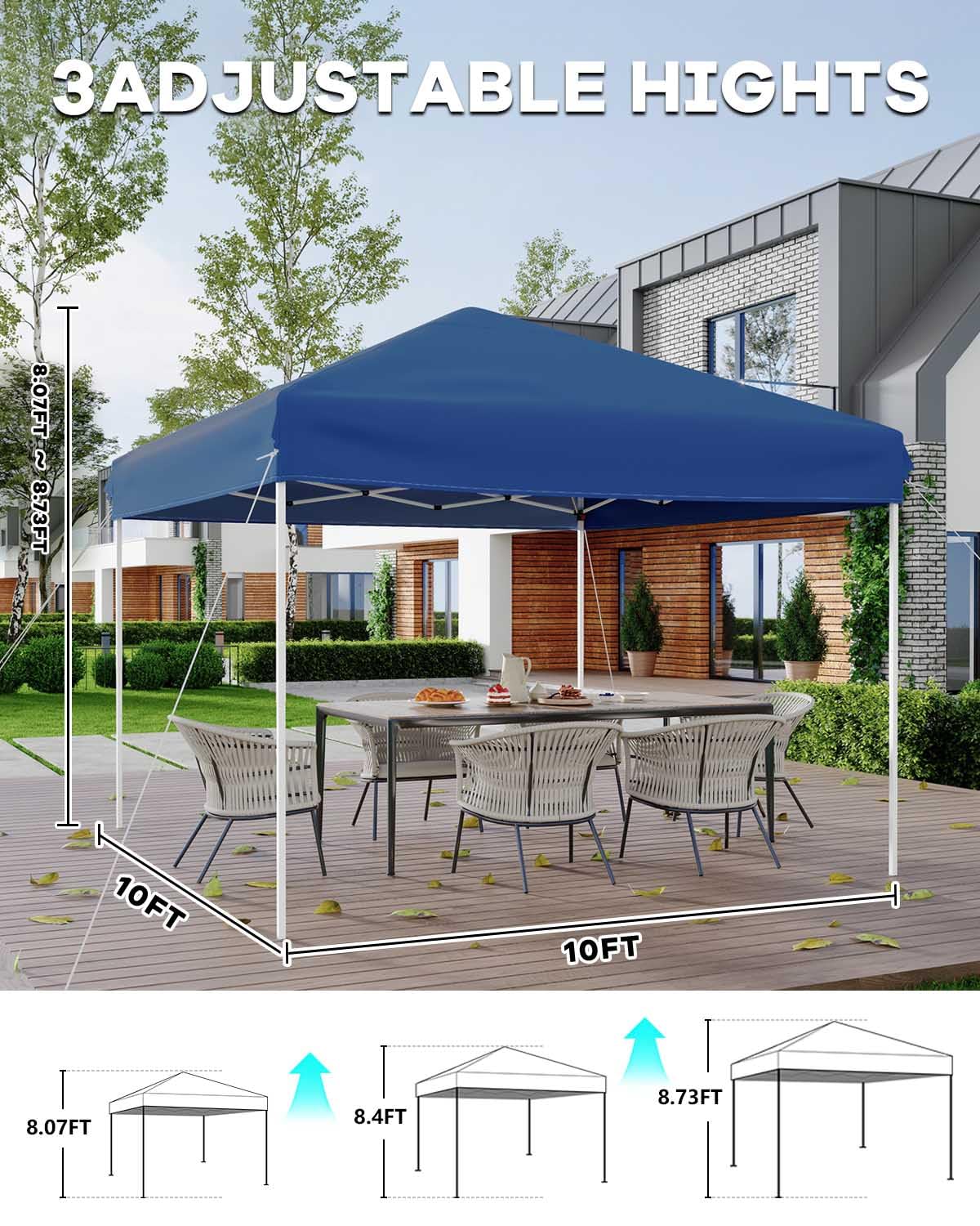 GarveeLife 10x10 Pop Up Canopy with 3 Sidewalls - Easy Up Camping Tent with One Button Push Setup - 1 Roller Bag, 3 Adjustable Height, 4 Weight Bags for Deck, Garden, Sports, Beach, Party - Blue