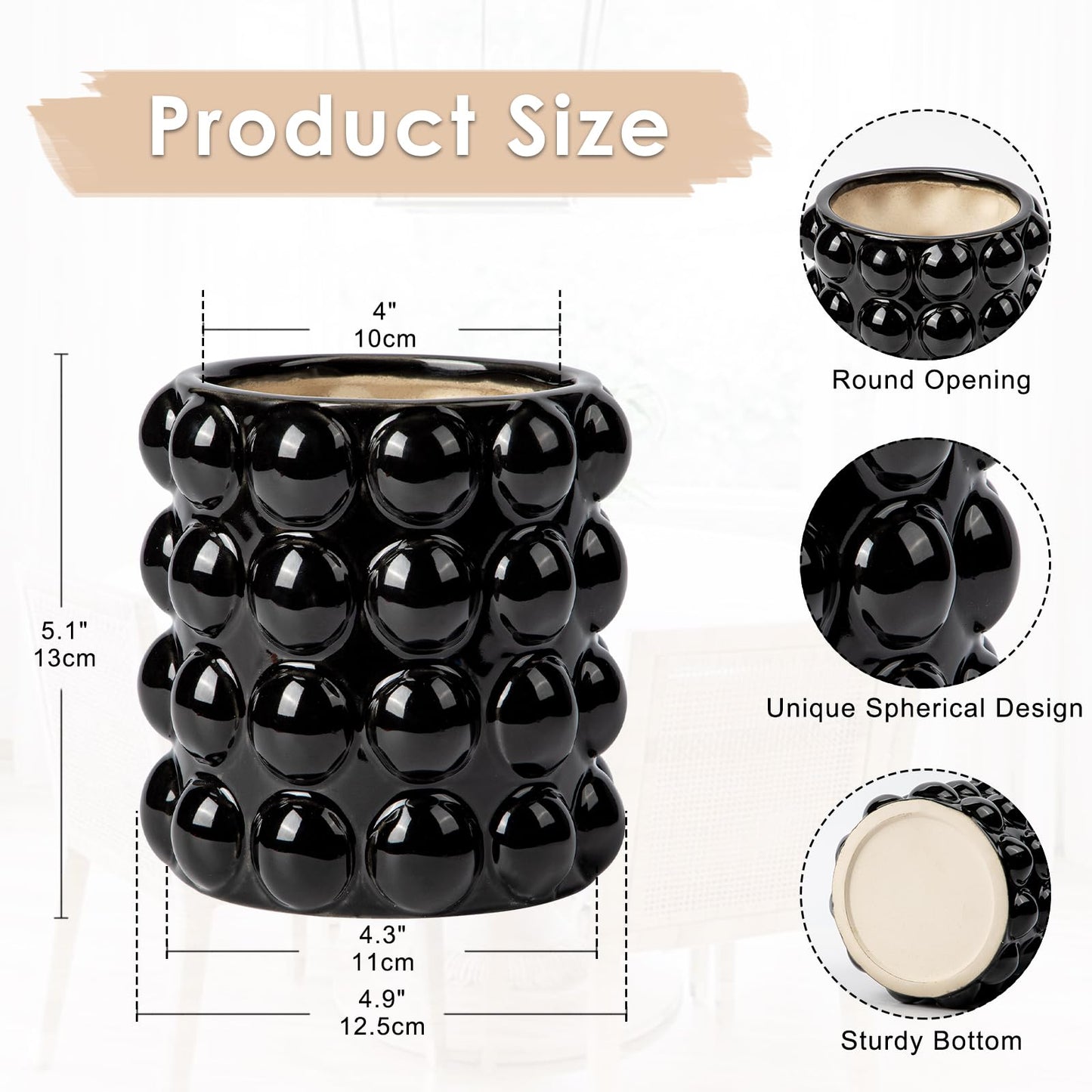 DILATATA 5 Inch Ceramic Planter Pot for Indoor Plants Without Drainage Hole Bubble Flower Planter Hobnail Plant Pot Garden Planter Black Succulent Plant Pot Utensil Holder