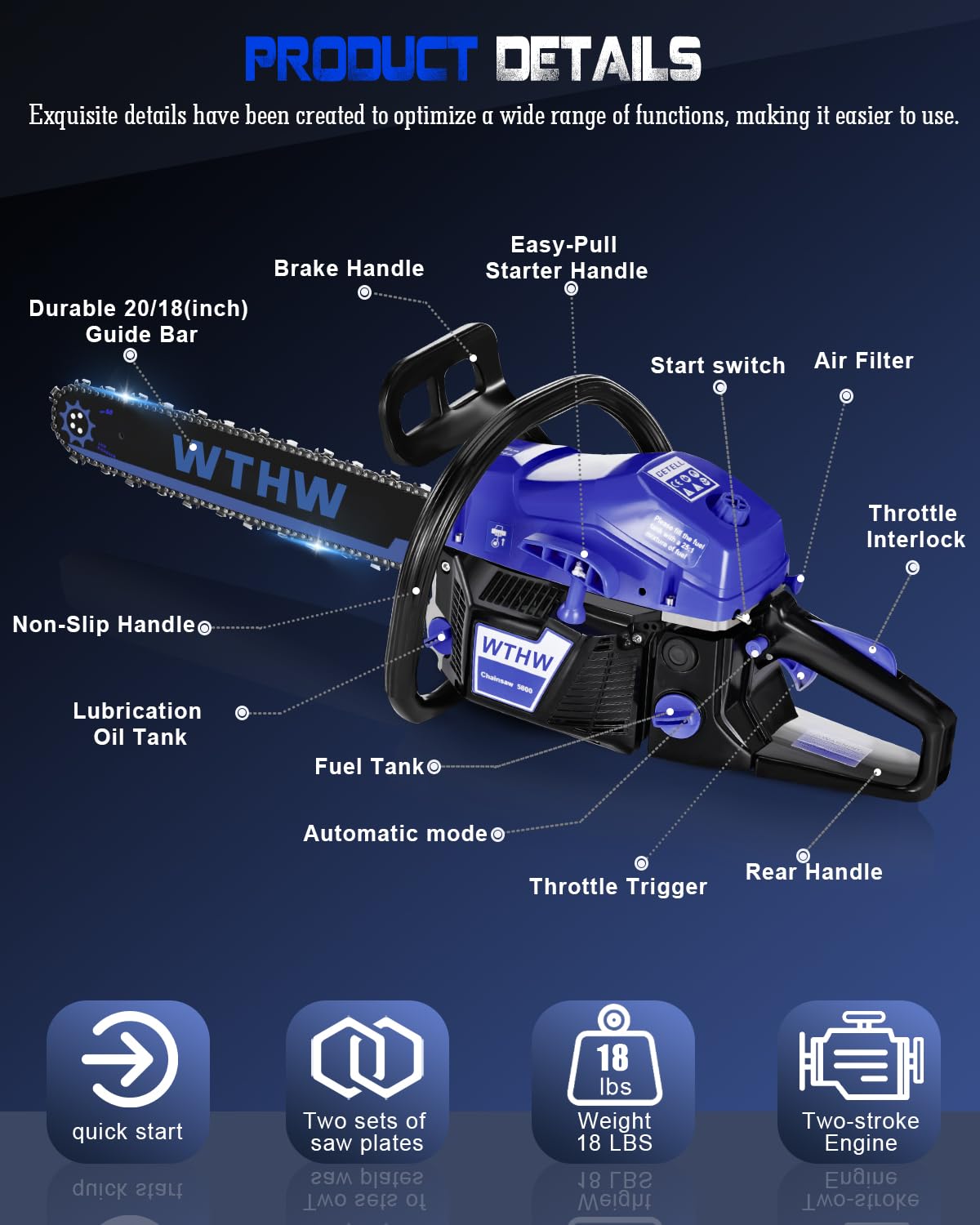 WTHW 58 cc Gas Powered Chainsaw, 20 in & 18 in Quick-Switch Bars – 550 ml Fuel 260 ml Oil Tanks, Automatic Chain Oiler, Centrifugal Air Filter, Quick Start, Inertial Chain Brake (Blue)