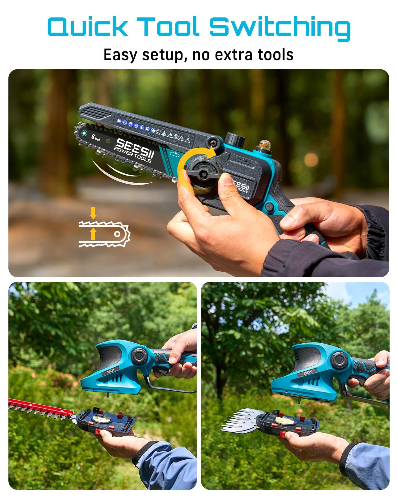 SEESII Cordless Pole Chainsaw, Hedge Trimmer, Pruning Shears, 4000mAh Battery Powered Extendable Garden Tool Kit for Outdoor Use, Electric Long Reach Saw, Hedge and Grass Trimmer, Pruner for Yard Care