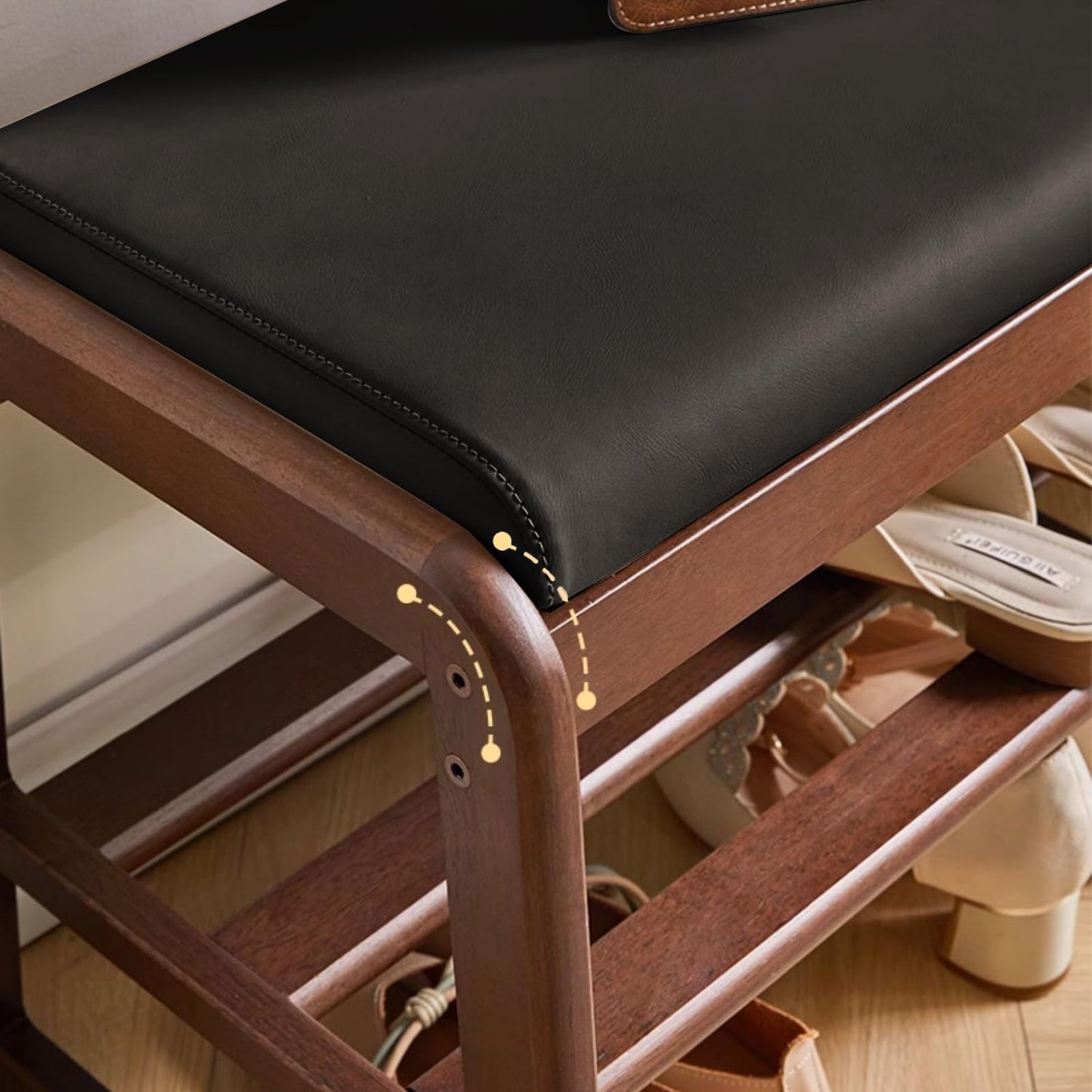 HOOTSMALL Wooden Shoe Storage Bench with Padded Top Cushion, Two-Tier Wooden Shoe Rack, Suitable for Bedrooms and Living Rooms, Black Walnut(31.5'')