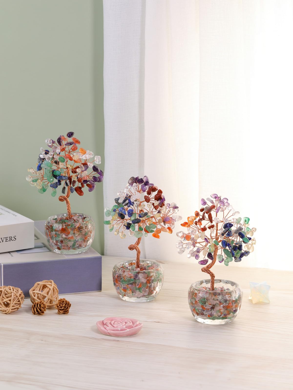 Top Plaza Healing Crystals 7 Chakra Stone Tree with Glass Base Handmade Natural Gemstone Life Tree Mini Bonsai Money Trees Good Luck Home Office Desk Decor