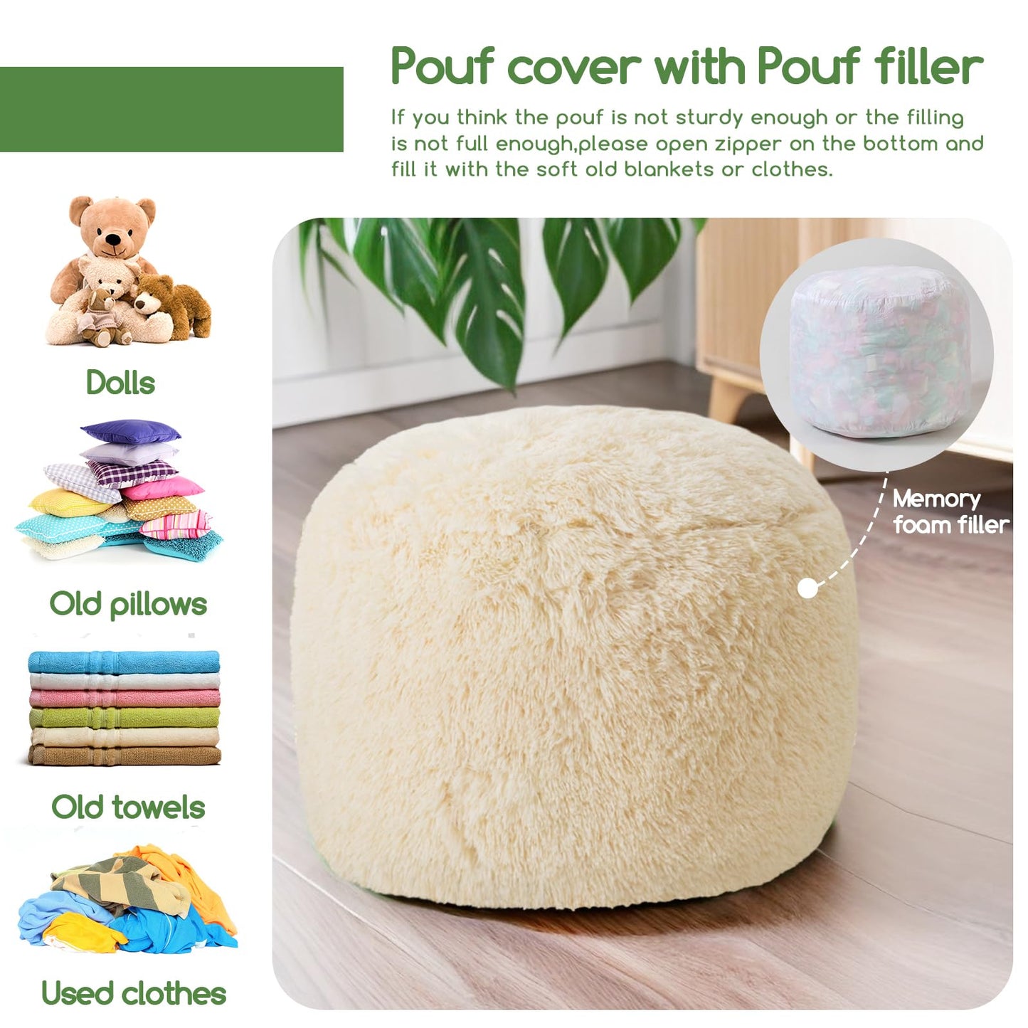 HIGOGOGO Round Stuffed Pouf Ottoman, Long Faux Fur Poufs with Foam Chunk Filling, Fluffy and Furry Pouf Foot Stool Storage Ottoman, 20 X 15 Floor Poufs Foot Rest for Living Room, Beige