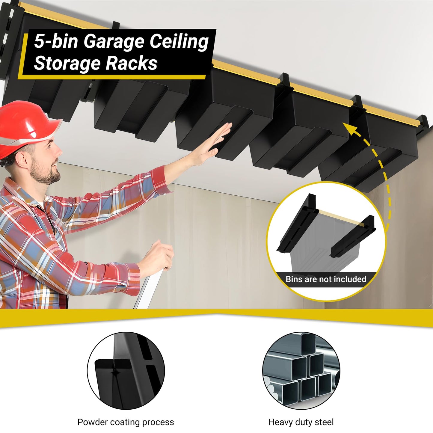 Eastrexon 5-bin Overhead Garage Storage Rack, Heavy Duty Ceiling Storage Racks, Powder Coated Tote Storage Rack for Garages, Sheds, Storerooms (6 PCS, for 5 Bins)