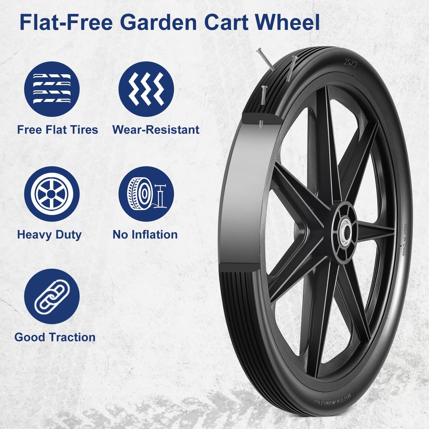 MaxAuto 20x2.0 Rim Flat Free Cart Tire and Wheels Assembly for the Garden Yard Cart, Wheelbarrow, Garden Trailers, 20x2" Non-inflated Tires with 3/4" Bearing, 2 Pack