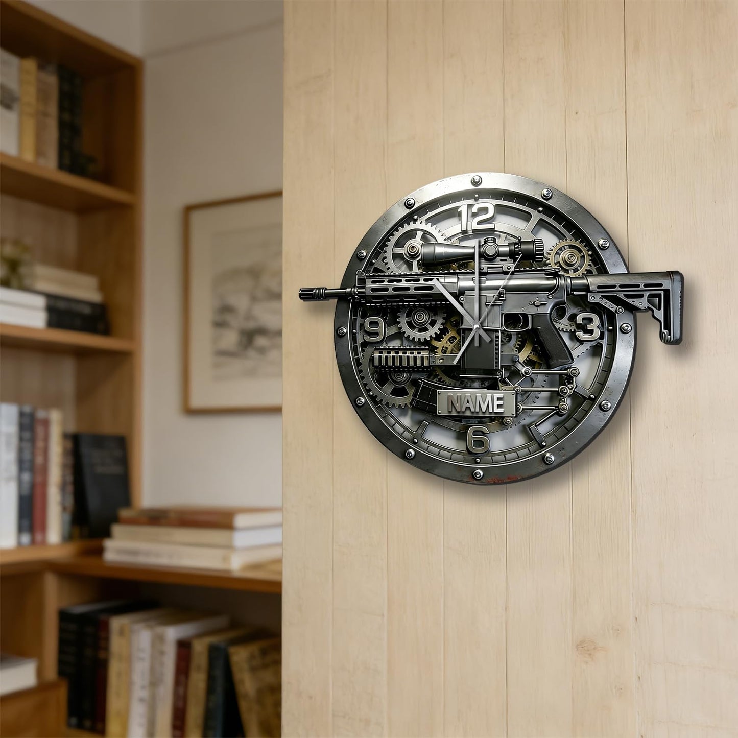 Personalized 2D Flat Printing Gun Wall Clock, Custom Name Tactical Gun Clocks Wall Decor for Bedroom Living Room Man Cave, Fathers Day Birthday Gifts for Dad Husband Grandpa Military Lovers (Style 12)