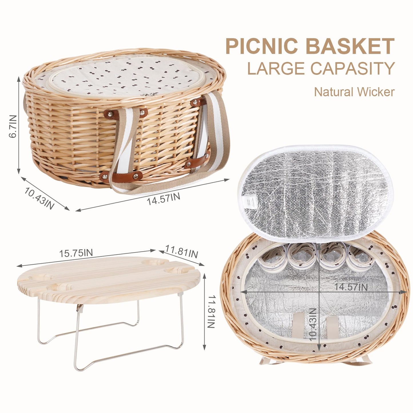 Zettfuly Picnic Basket Set for 4 - Wicker Insulated Picnic Basket with Folding Wine Table, Wine Picnic Kit with Liner for Couples, Camping, Outdoor, Valentine (Cherry)