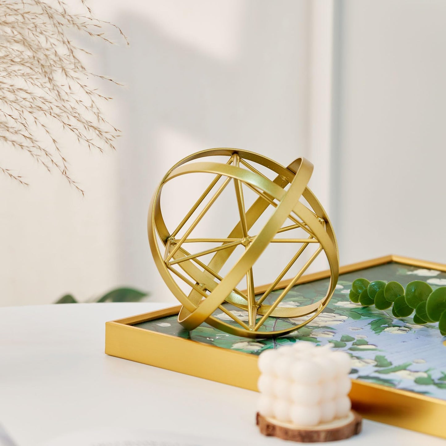 HLQMFHT 7 inches Metal Geometric Abstract Sculpture， Metal Geometric Sculpture Decor Sphere, Tabletop Decor for Living Room,Study,Bedroom,Modern Home Decor Accents